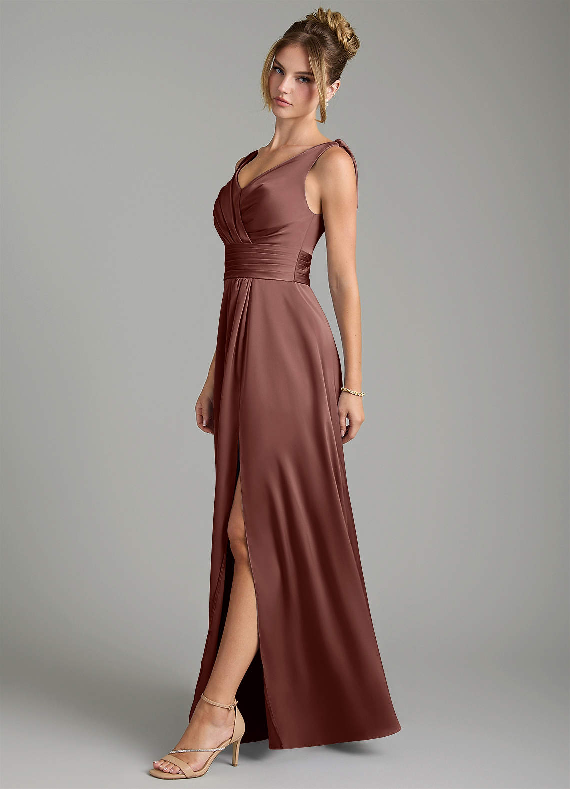 Karina A-Line V-Neck Stretch Satin Bridesmaid Dress in Espresso