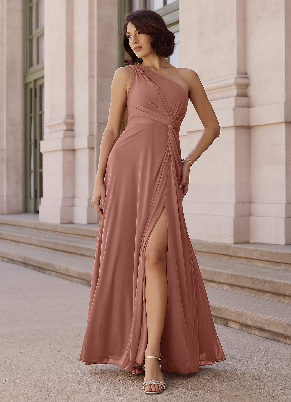 Brooke A-Line One-Shoulder Chiffon Bridesmaid Dress in Cedar Rose