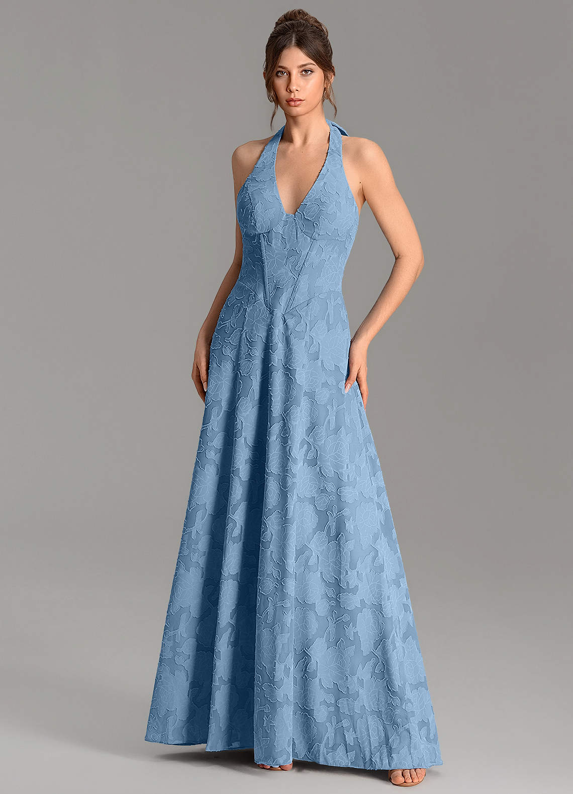Nia A-Line V-Neck Floral Burnout Bridesmaid Dress in Steel Blue