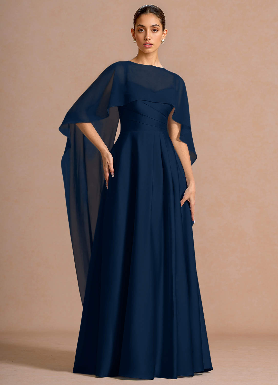 Nancy A-Line V-Neck Stretch Satin and Chiffon Evening Dress in Navy