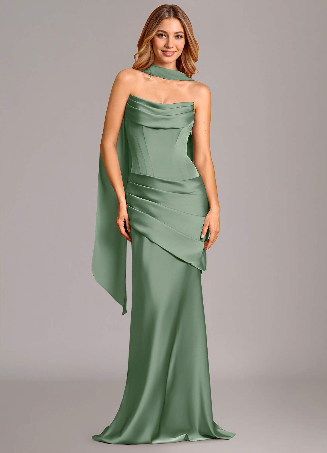 Pelagia Mermaid Cowl-Neck Stretch Satin Bridesmaid Dress in Matcha