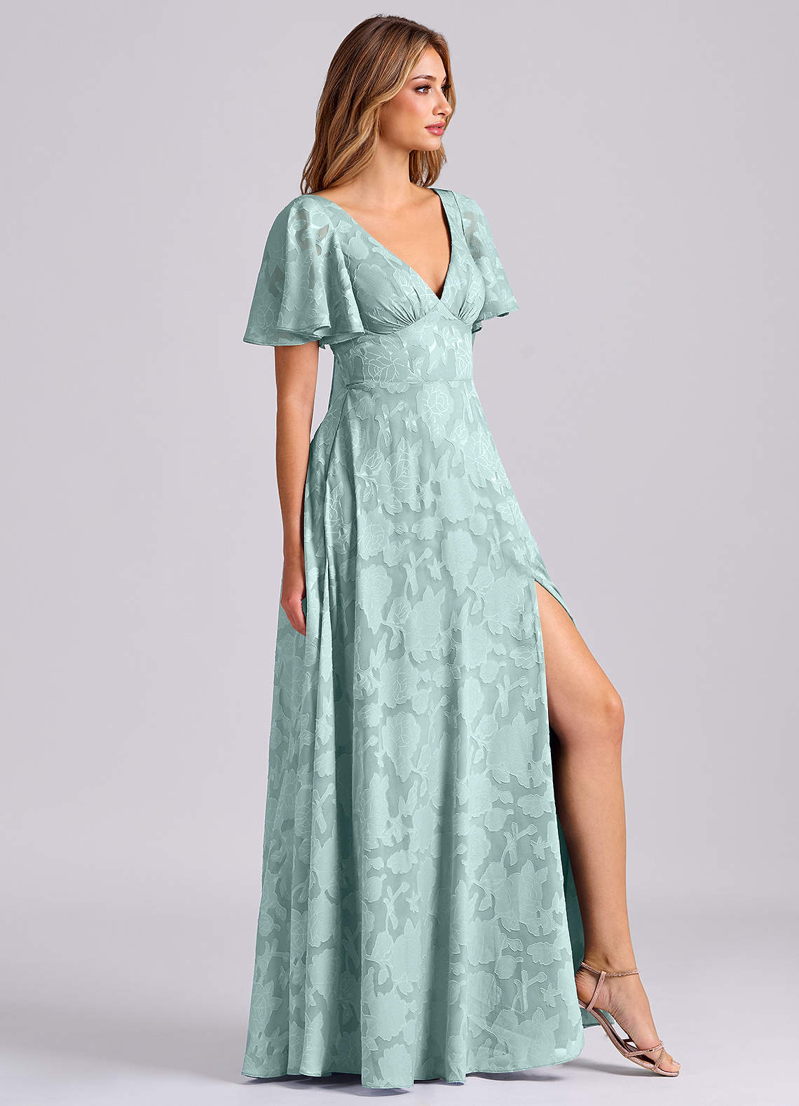 Kimber A-Line V-Neck Floral Burnout Bridesmaid Dress in Mist
