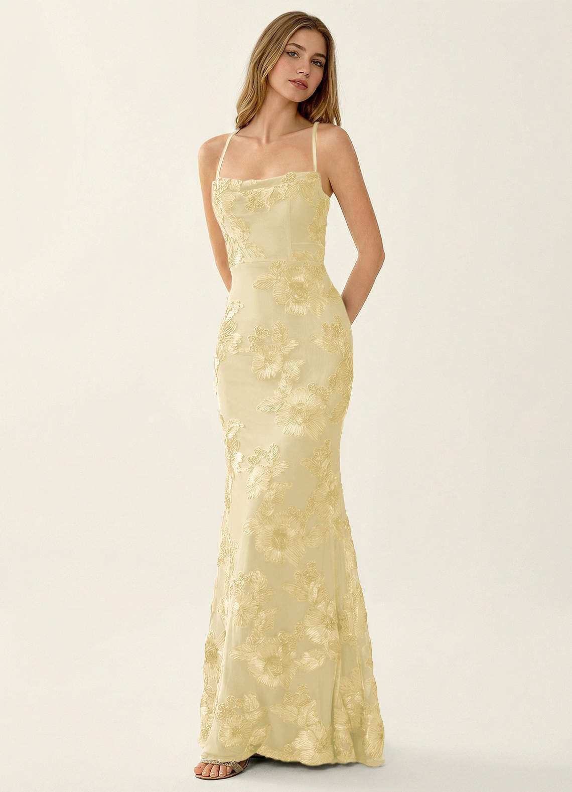 Kailani Mermaid Spaghetti-Strap Lace Evening Dress in Lemon Sorbet