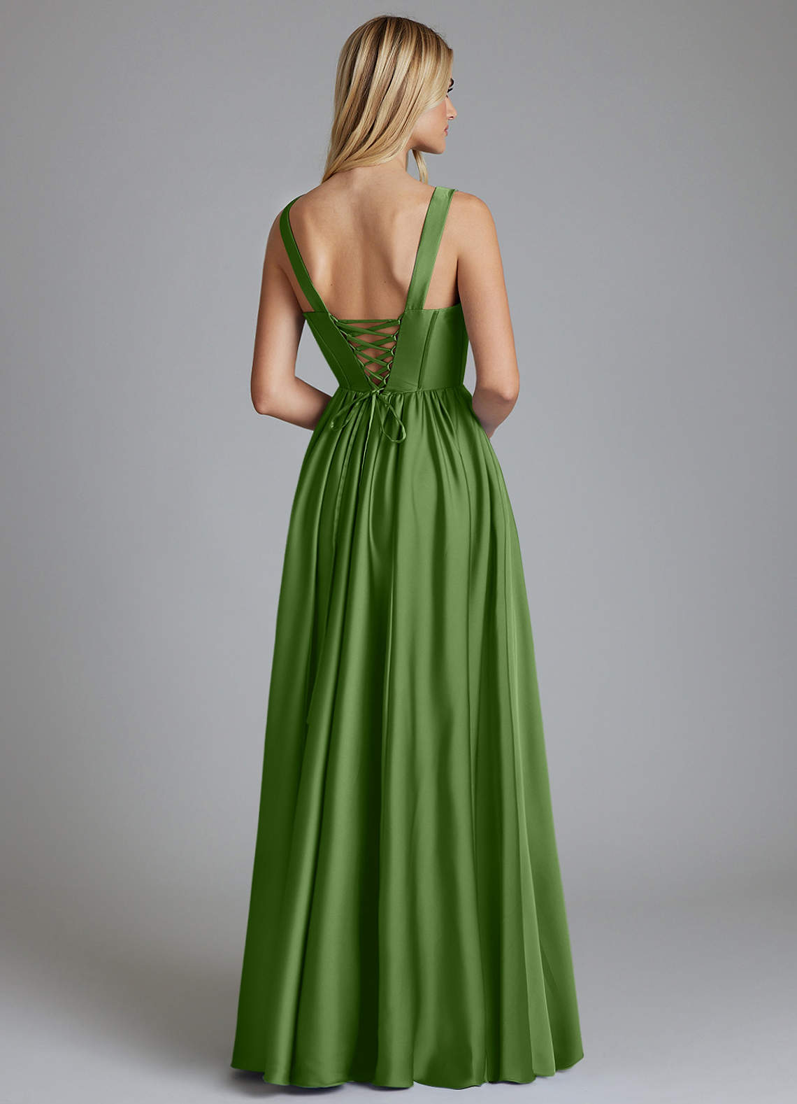 Delmie A-Line V-Neck Stretch Satin Bridesmaid Dress in Basil