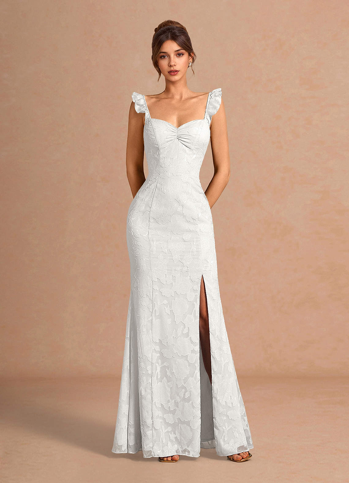 Romilly Mermaid Ruffled Chiffon Burnout Evening Dress in White