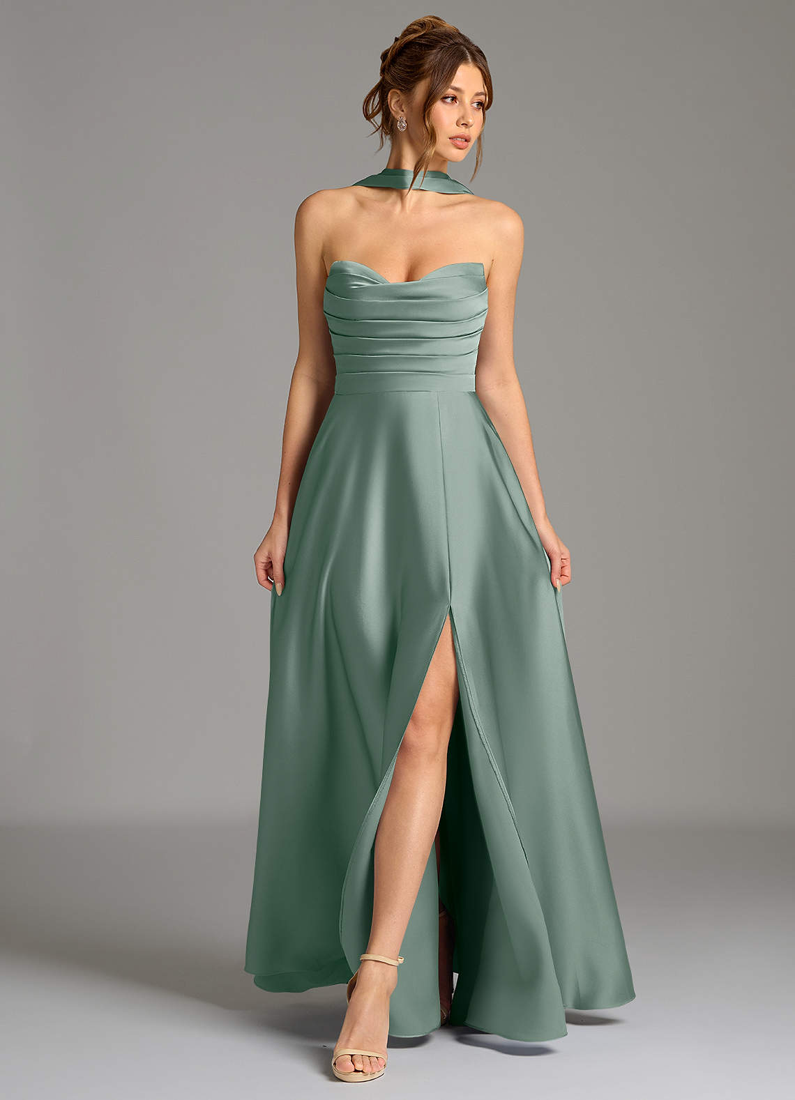 Ayla A-Line Sweetheart Stretch Satin Bridesmaid Dress in Silver Sage