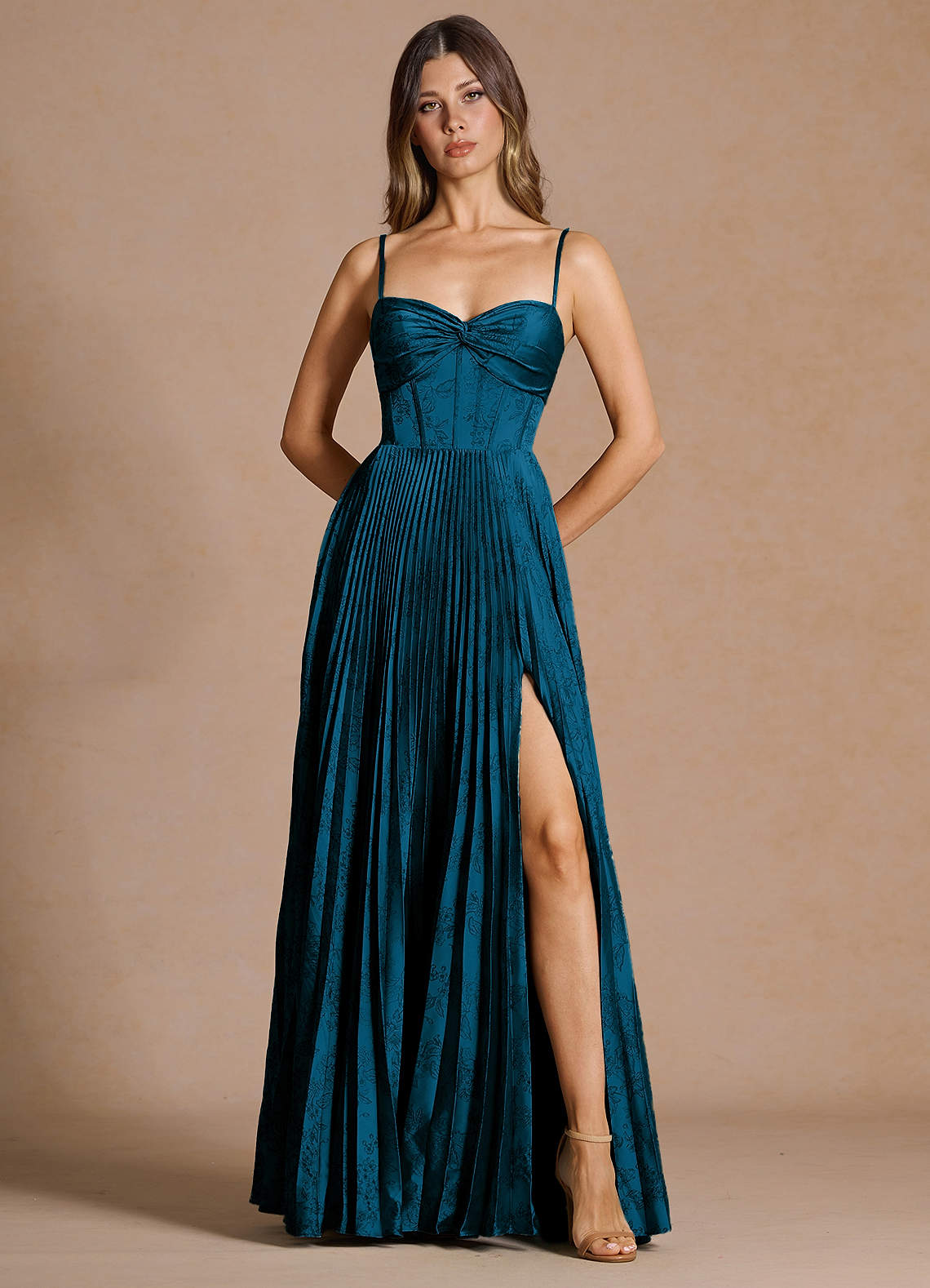 Vesper Pleated Knot-Neck Jacquard Wedding Guest Dress in Moss Navy