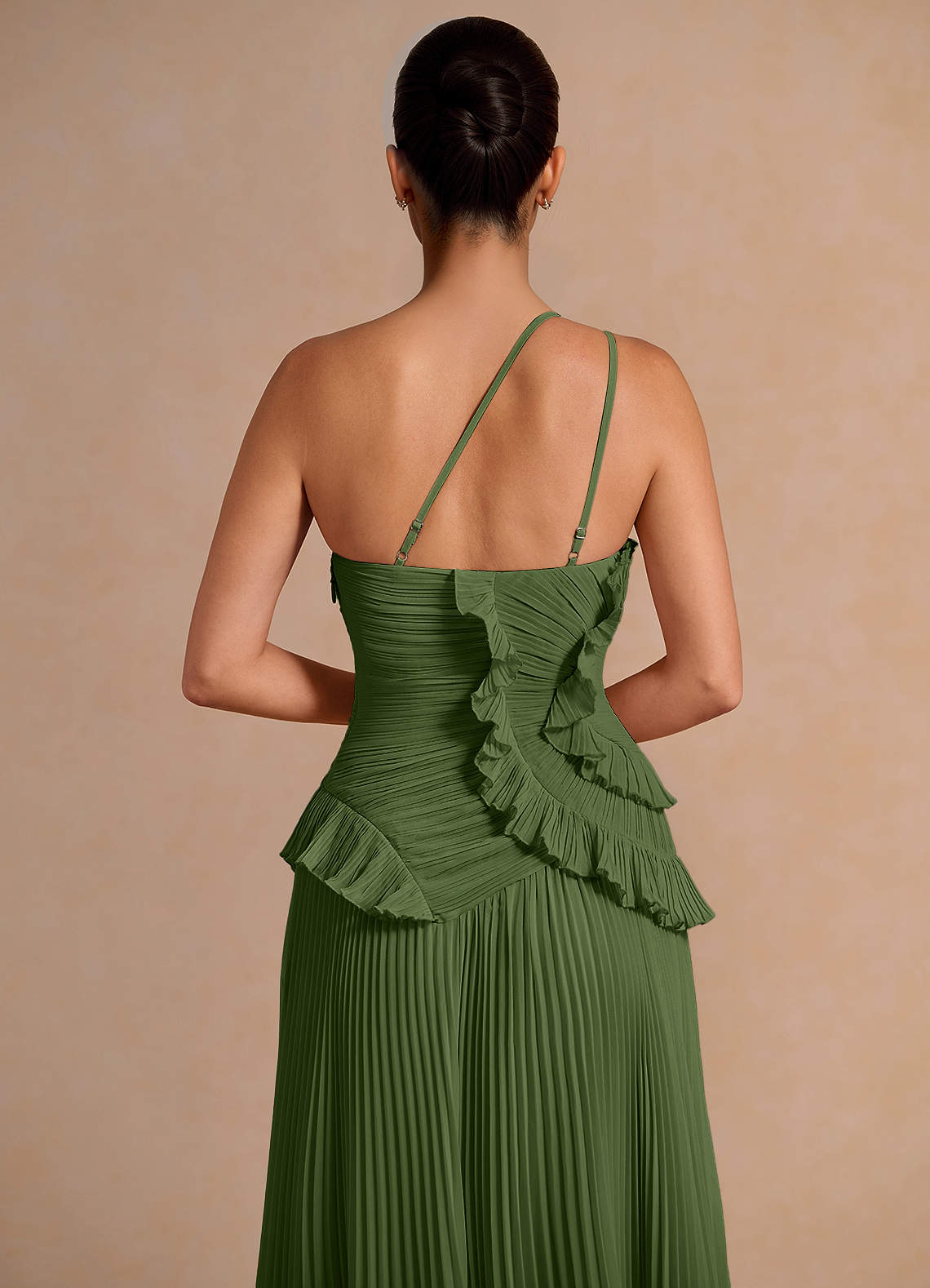 Melody A-Line One-Shoulder Chiffon Evening Dress in Olive