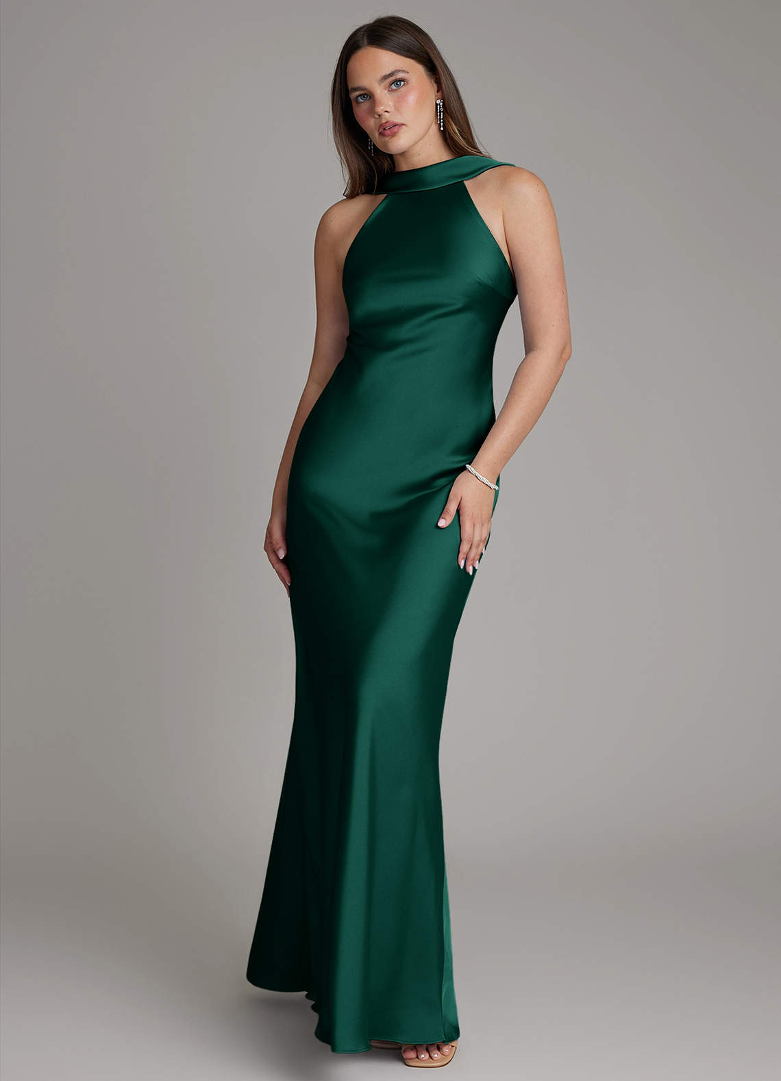 Dimitra Sheath Halter Stretch Satin Bridesmaid Dress in Emerald