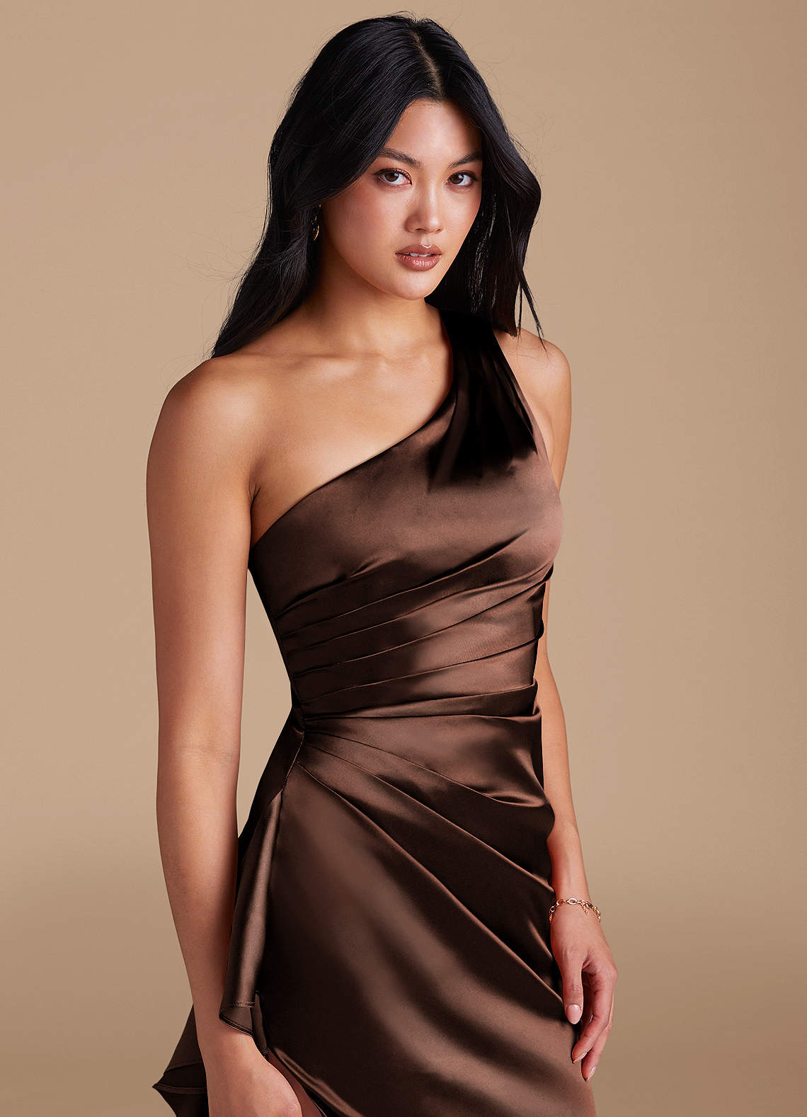 Latrice Sheath One-Shoulder Metallic Satin Bridesmaid Dress in Ganache