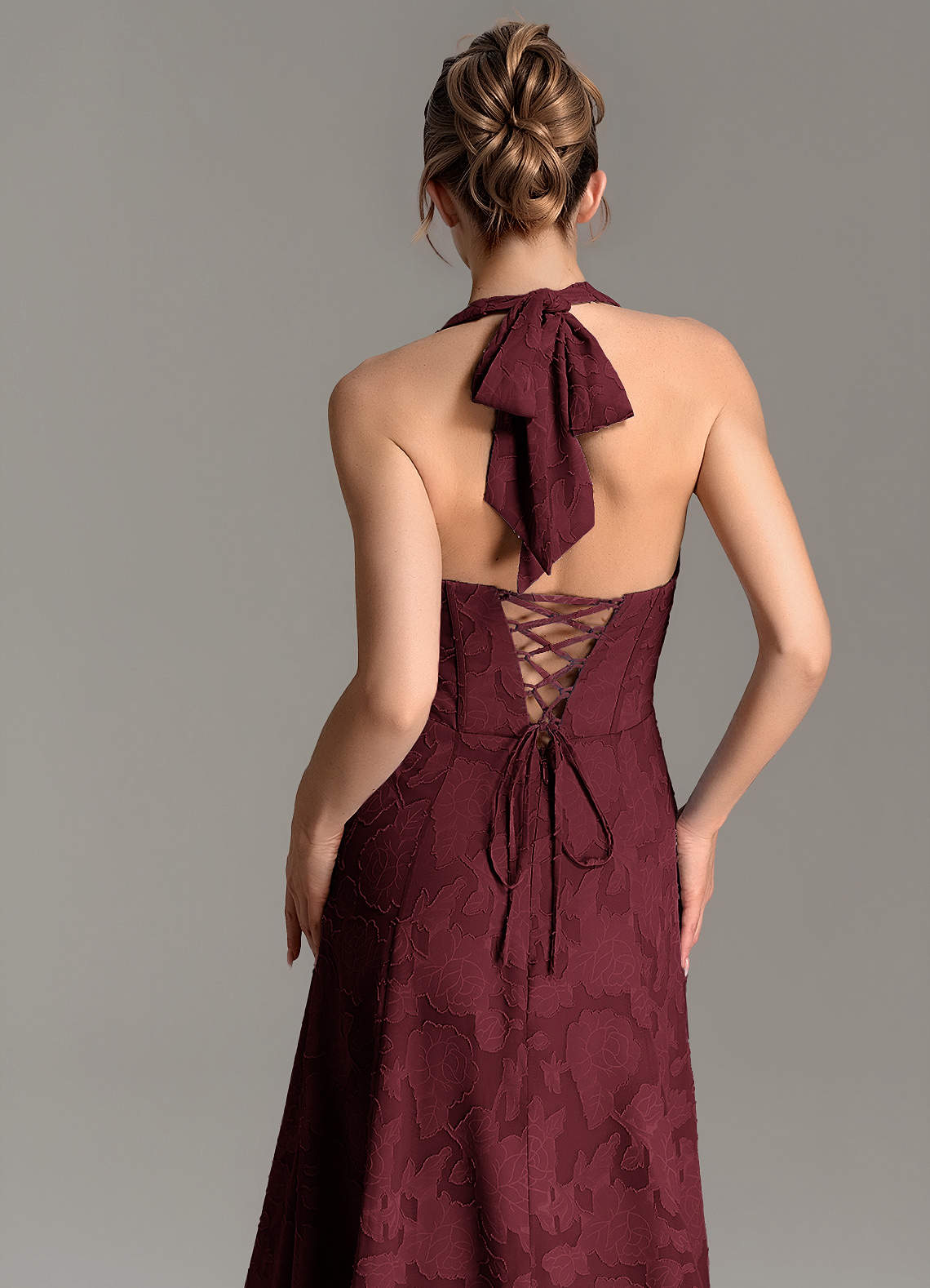Nia A-Line V-Neck Floral Burnout Bridesmaid Dress in Cabernet