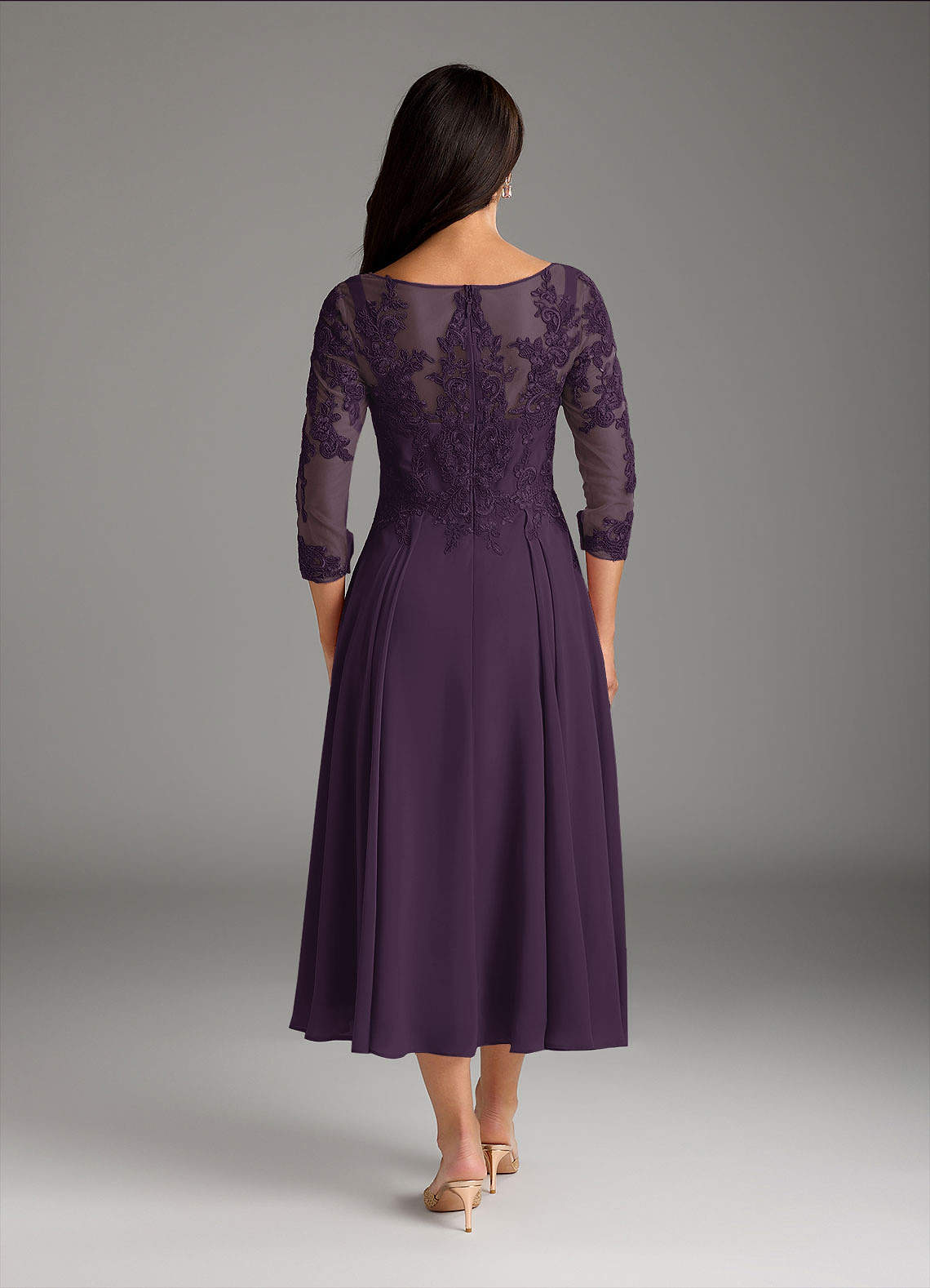 Marge A-Line Scoop-Neck Chiffon and Lace Mother of the Bride Dress in Plum