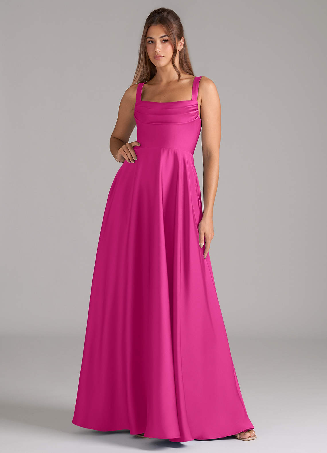 Shaude A-Line Square-Neck Stretch Satin Bridesmaid Dress in Fuchsia
