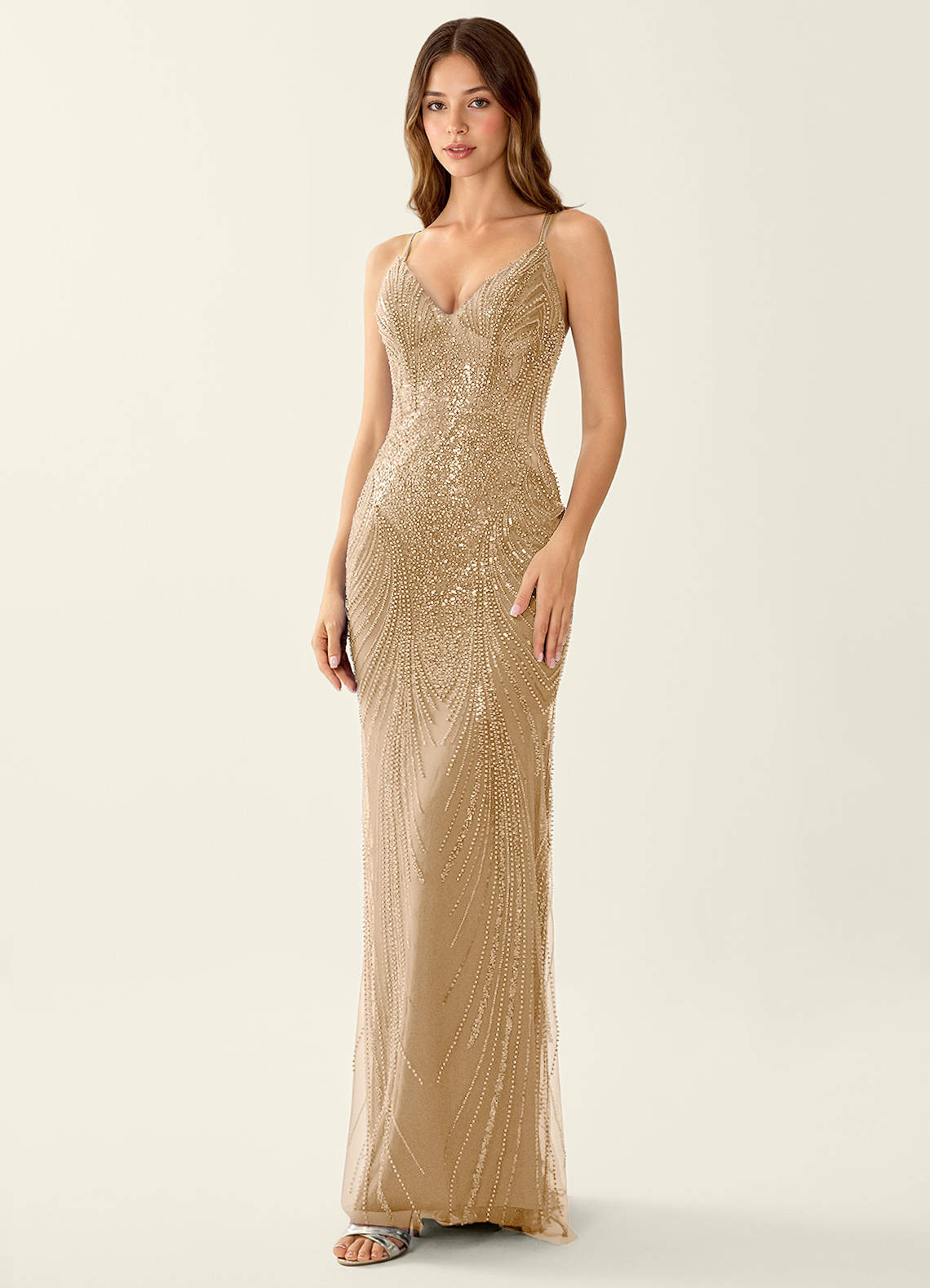 Magnolia Mermaid Beaded Sequined Stretch Mesh Evening Dress in champagne