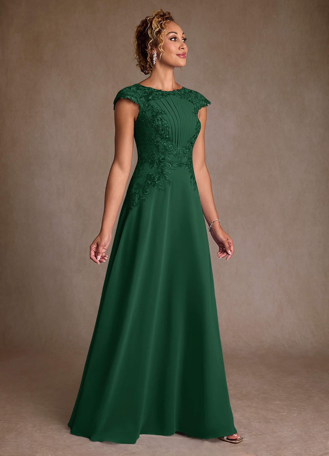 Christi A-Line Scoop-Neck Chiffon and Lace Mother of the Bride Dress in Dark Green