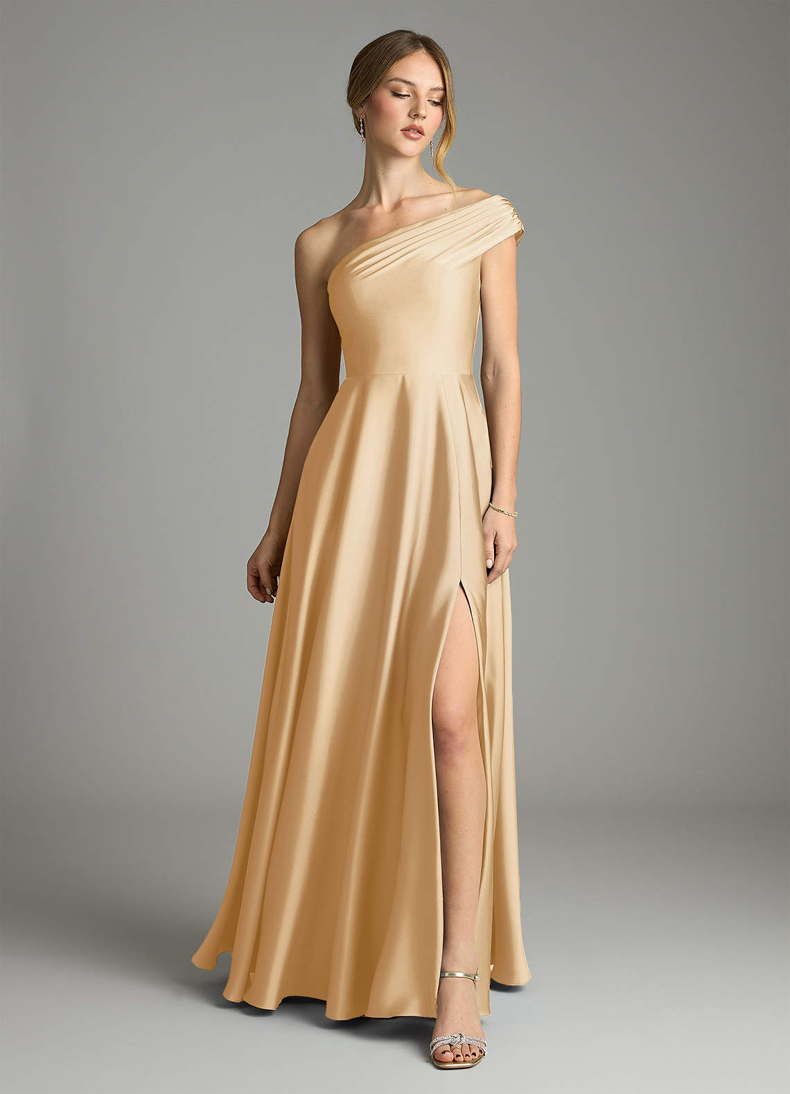 Melanie A-Line One-Shoulder Stretch Satin Bridesmaid Dress in Gold