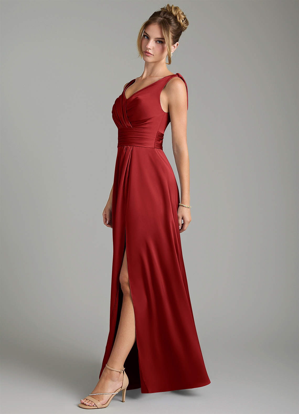 Karina A-Line V-Neck Stretch Satin Bridesmaid Dress in Pomegranate
