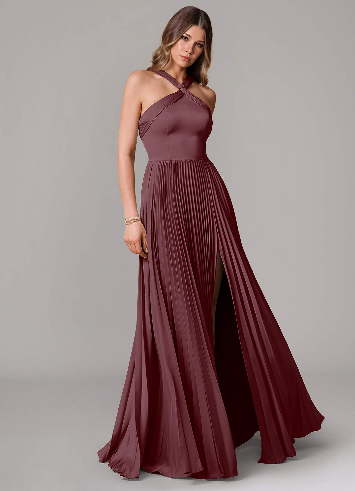 Afra A-Line Halter-Neck Stretch Satin Bridesmaid Dress in Sangria