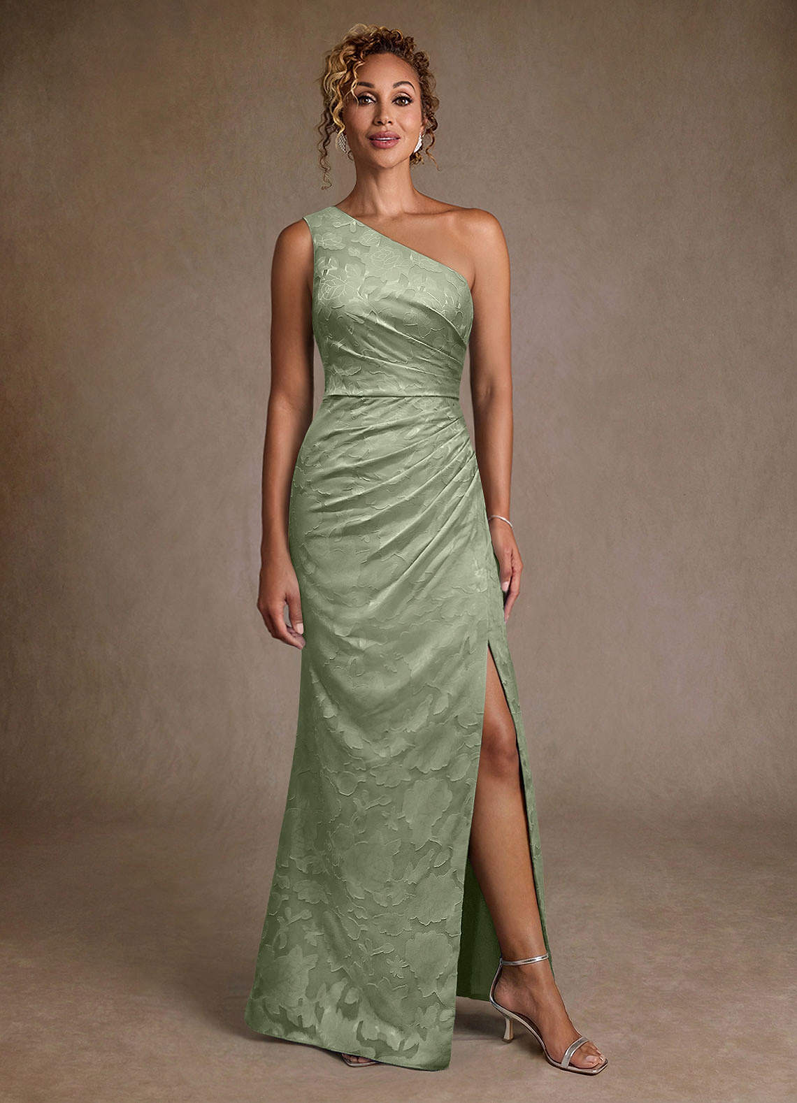 Joylin Trumpet One-Shoulder Floral Burnout Mother of the Bride Dress in Agave
