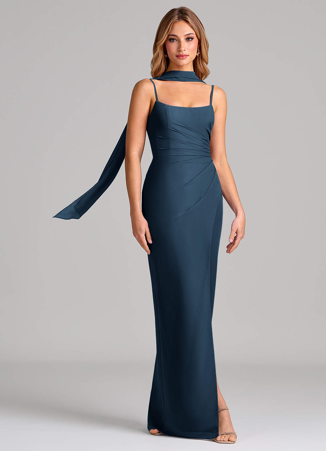 Calandra Sheath Scoop-Neck Chiffon Bridesmaid Dress in Dark Navy