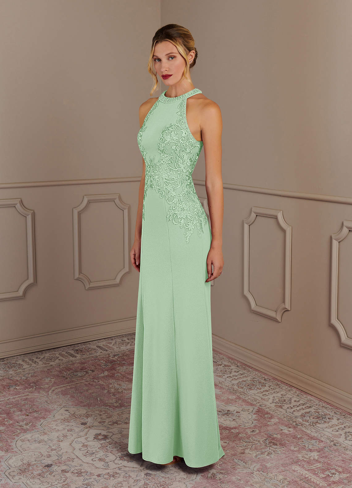 Tyra Mermaid Halter Tulle and Stretch Crepe Mother of the Bride Dress in Dusty Sage