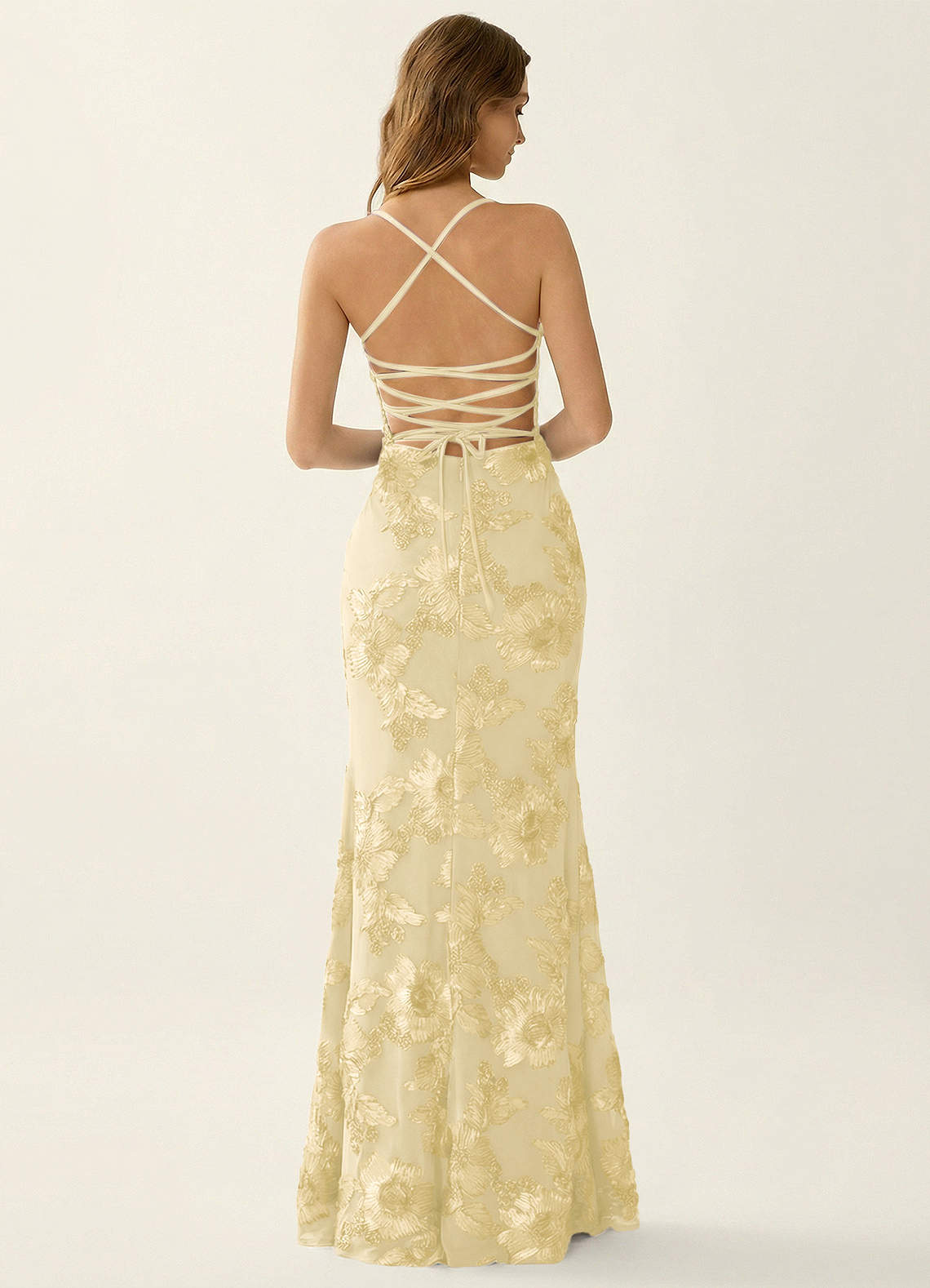 Kailani Mermaid Spaghetti-Strap Lace Evening Dress in Lemon Sorbet