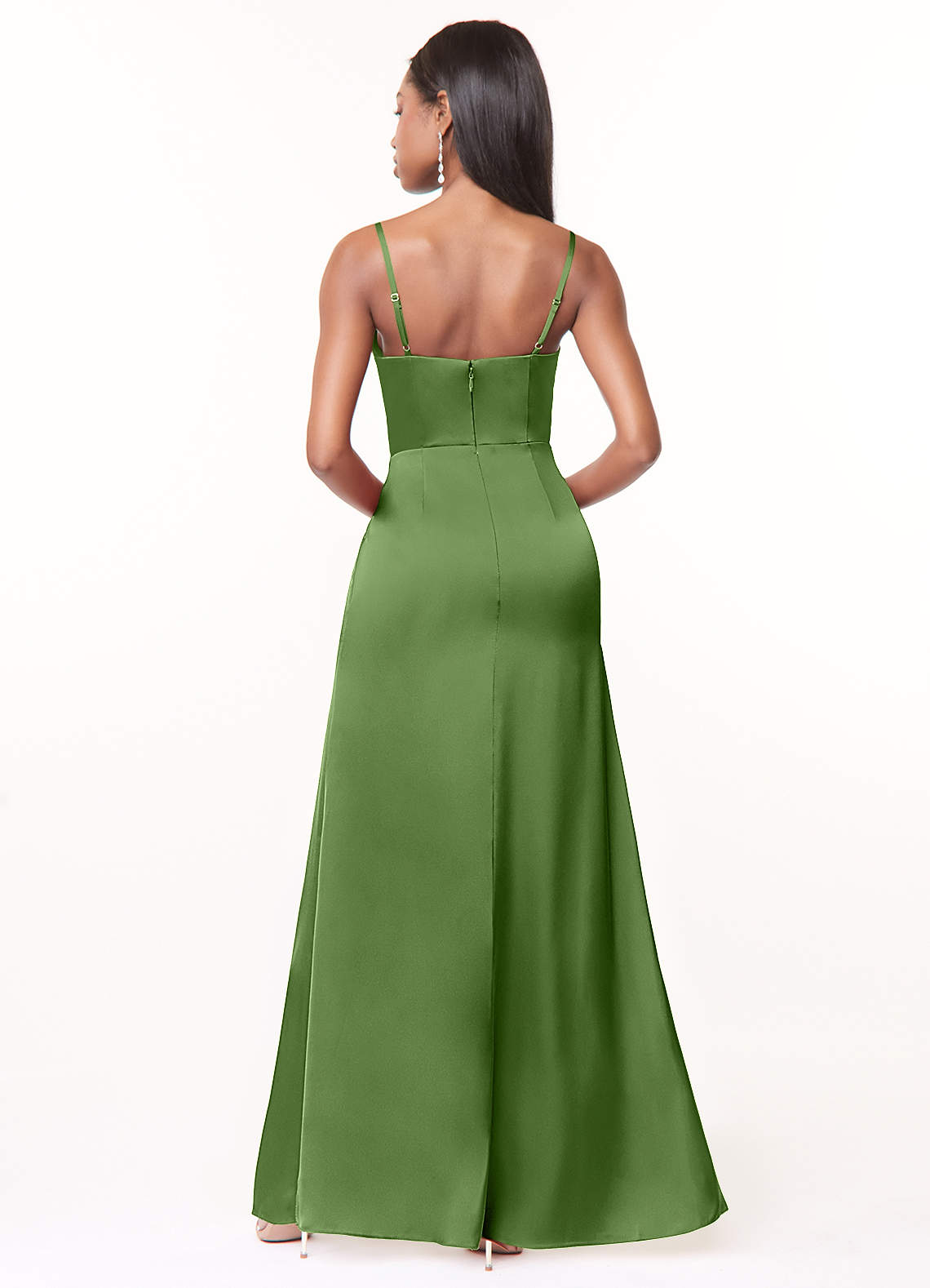 Maci A-Line V-Neck Stretch Satin Bridesmaid Dress in Basil