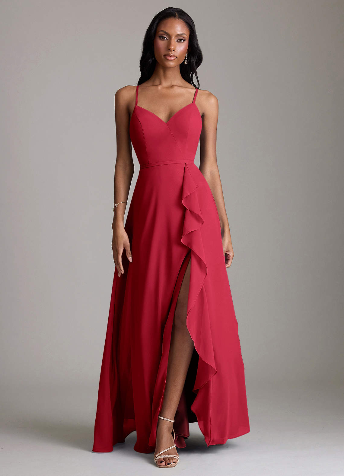 Naeem A-Line V-Neck Chiffon Bridesmaid Dress in Scarlet