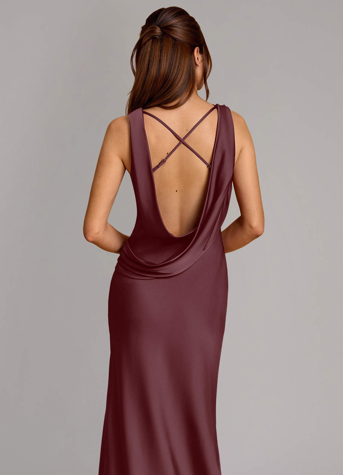 Cheryl Mermaid Cowl-Neck Stretch Satin Bridesmaid Dress in Sangria