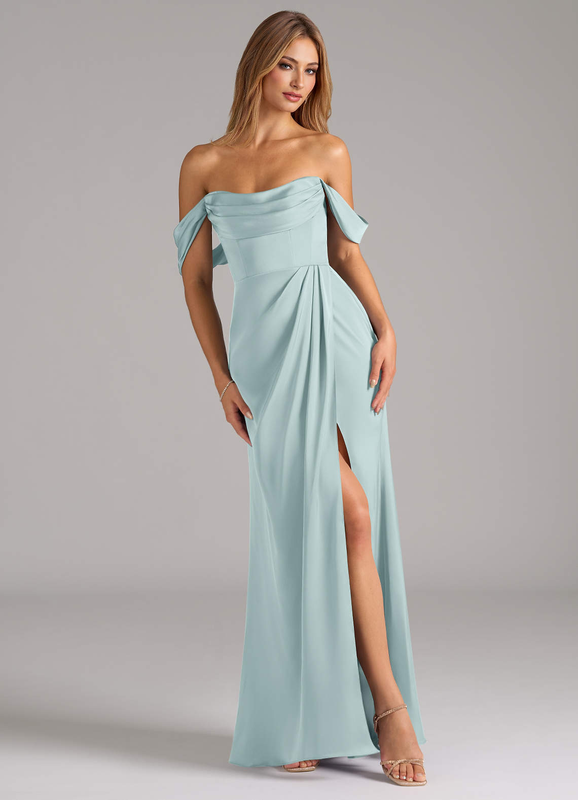 Johana Mermaid Off-the-Shoulder Stretch Satin Bridesmaid Dress in Mist