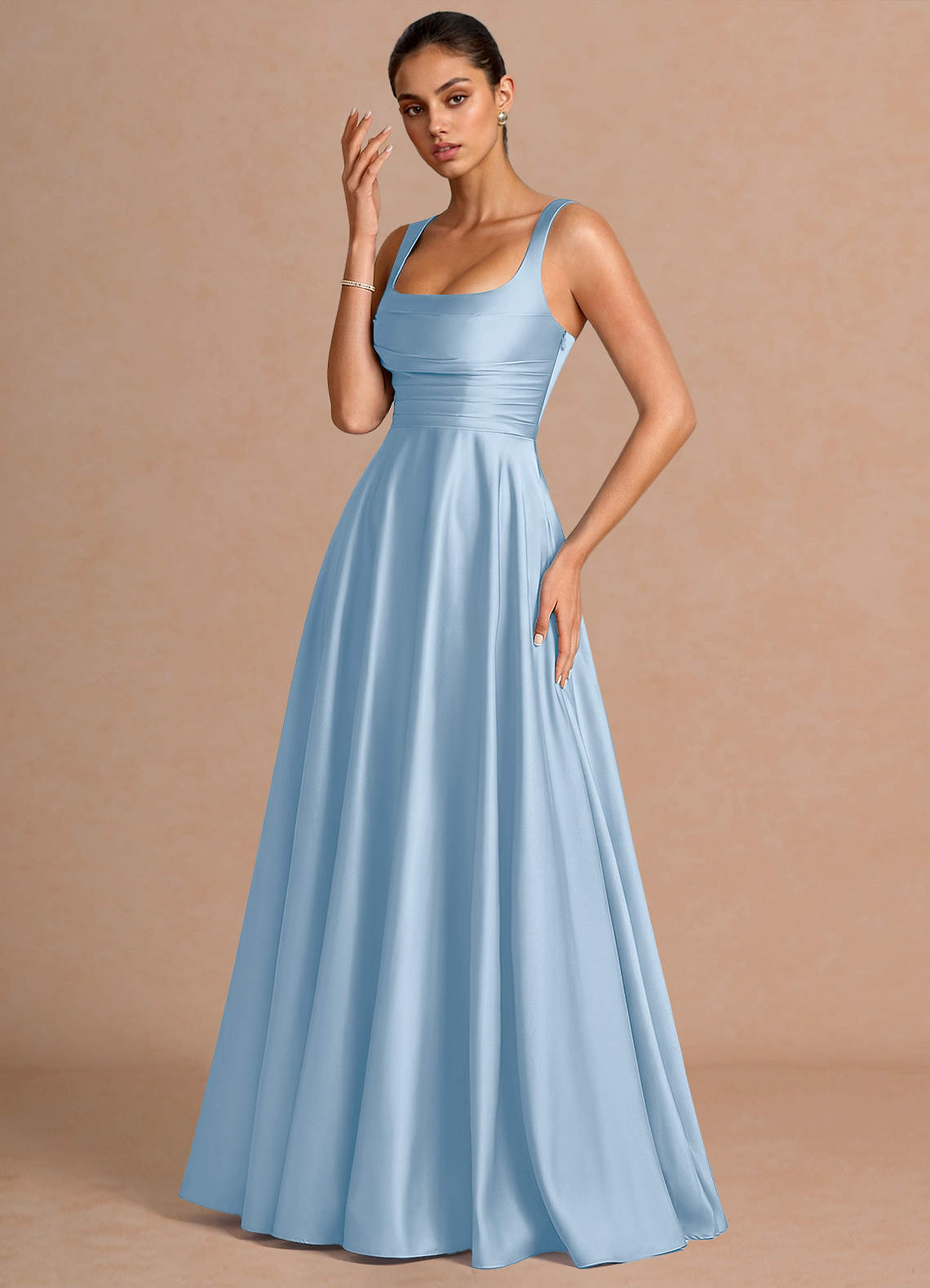 Azaria A-Line Square-Neck Stretch Satin Wedding Guest Dress in Haze blue