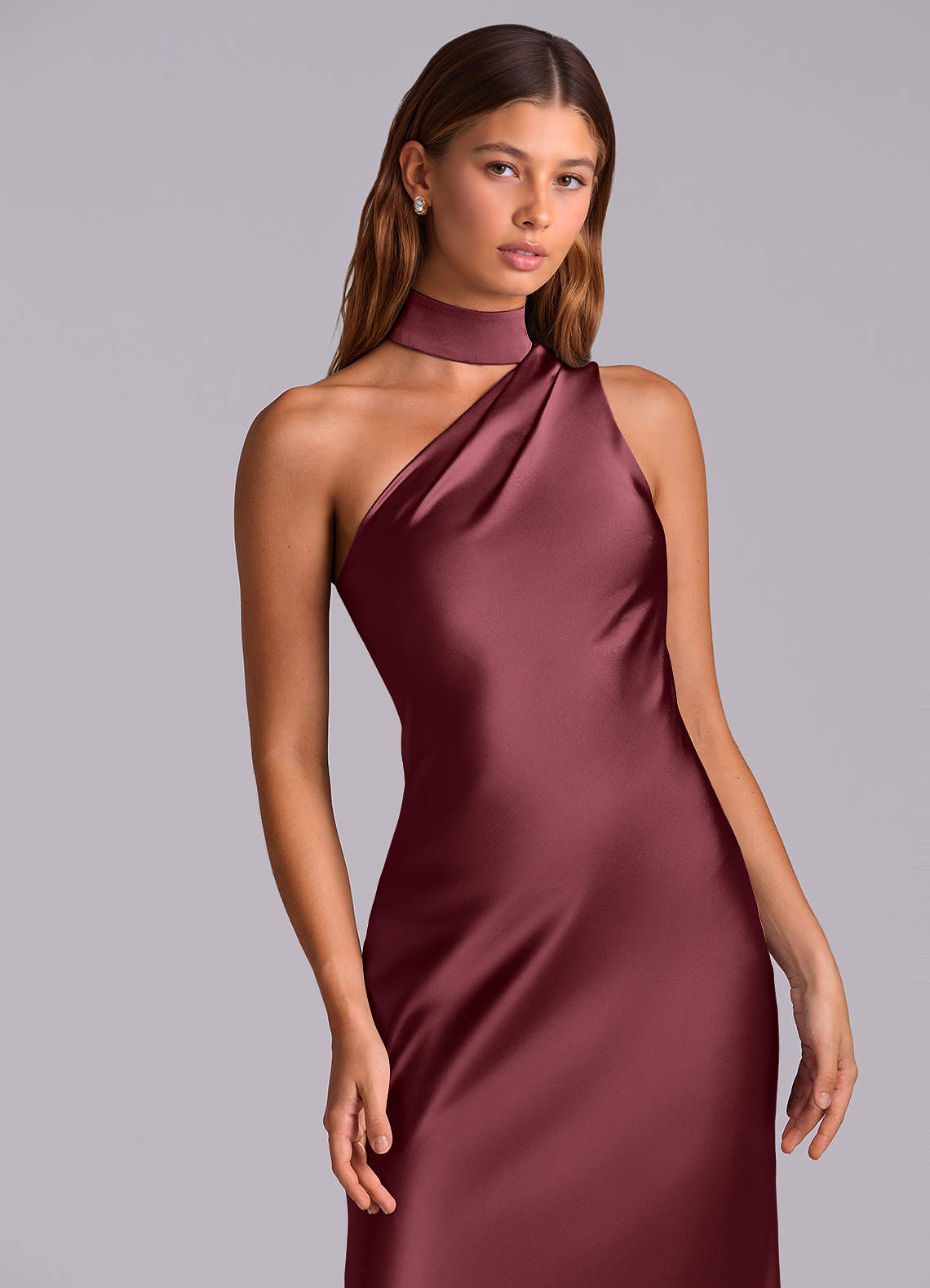 Seona Mermaid One-Shoulder Stretch Satin and Tulle Bridesmaid Dress in Merlot