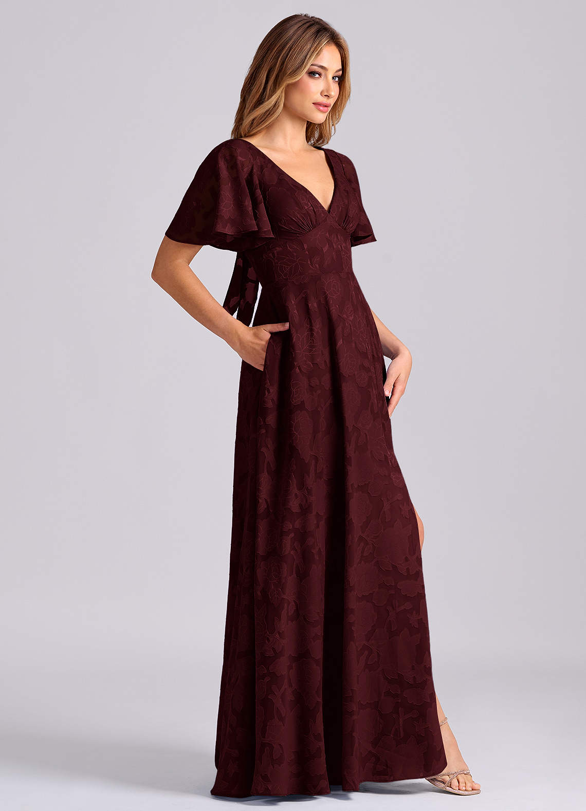 Kimber A-Line V-Neck Floral Burnout Bridesmaid Dress in Cabernet