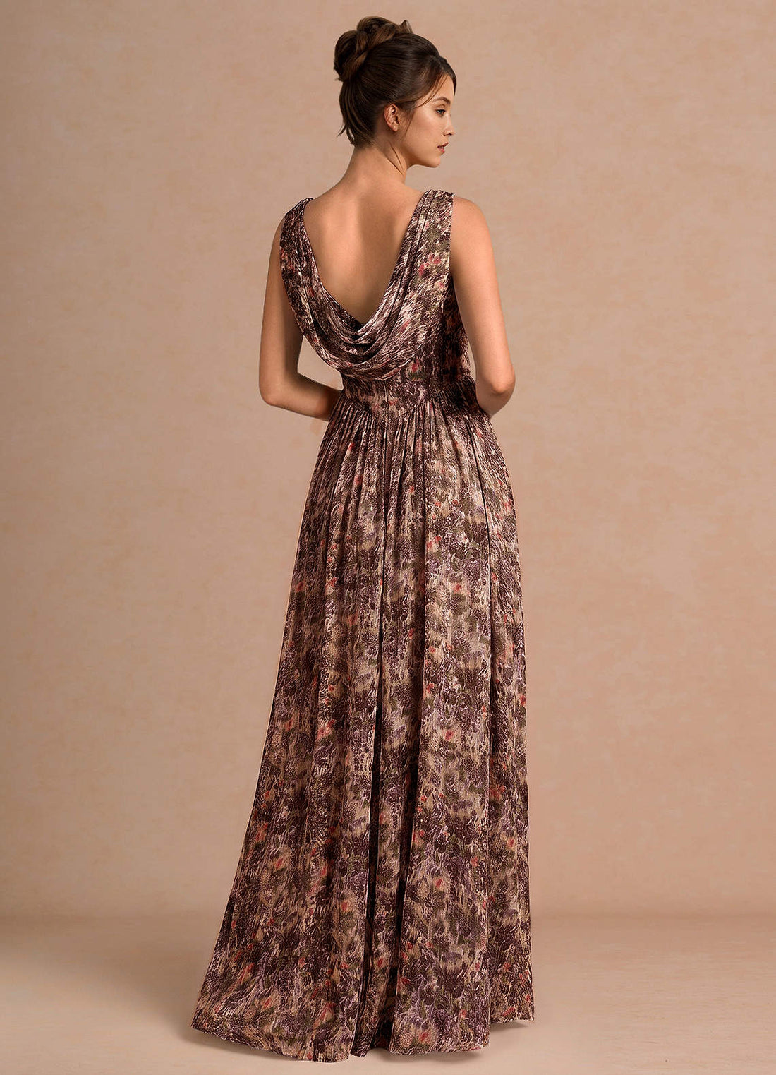 Aurore A-Line Cowl-Neck Chiffon Wedding Guest Dress in Truffle