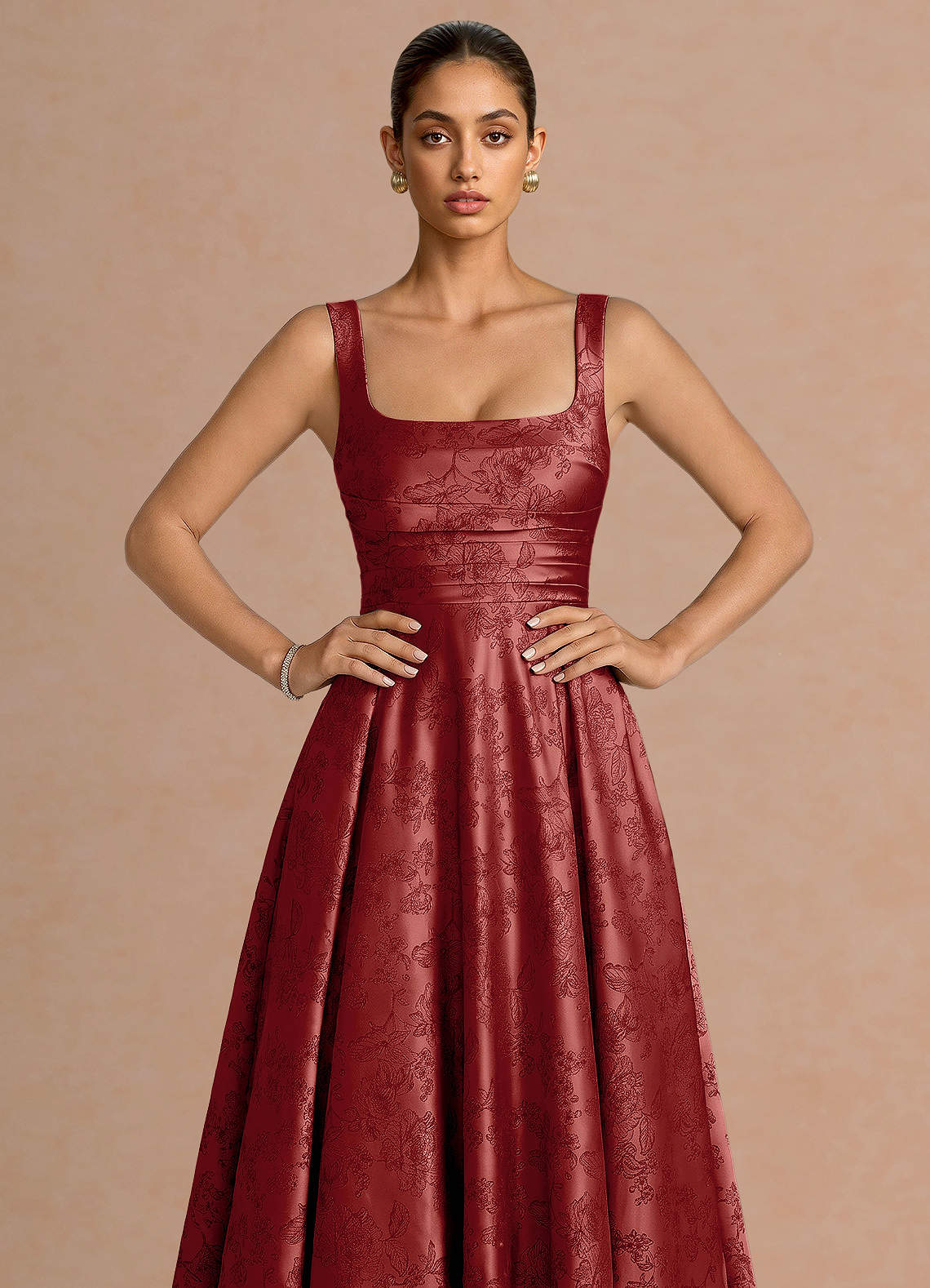 Azaria A-Line Square-Neck Jacquard Evening Dress in Orange Red