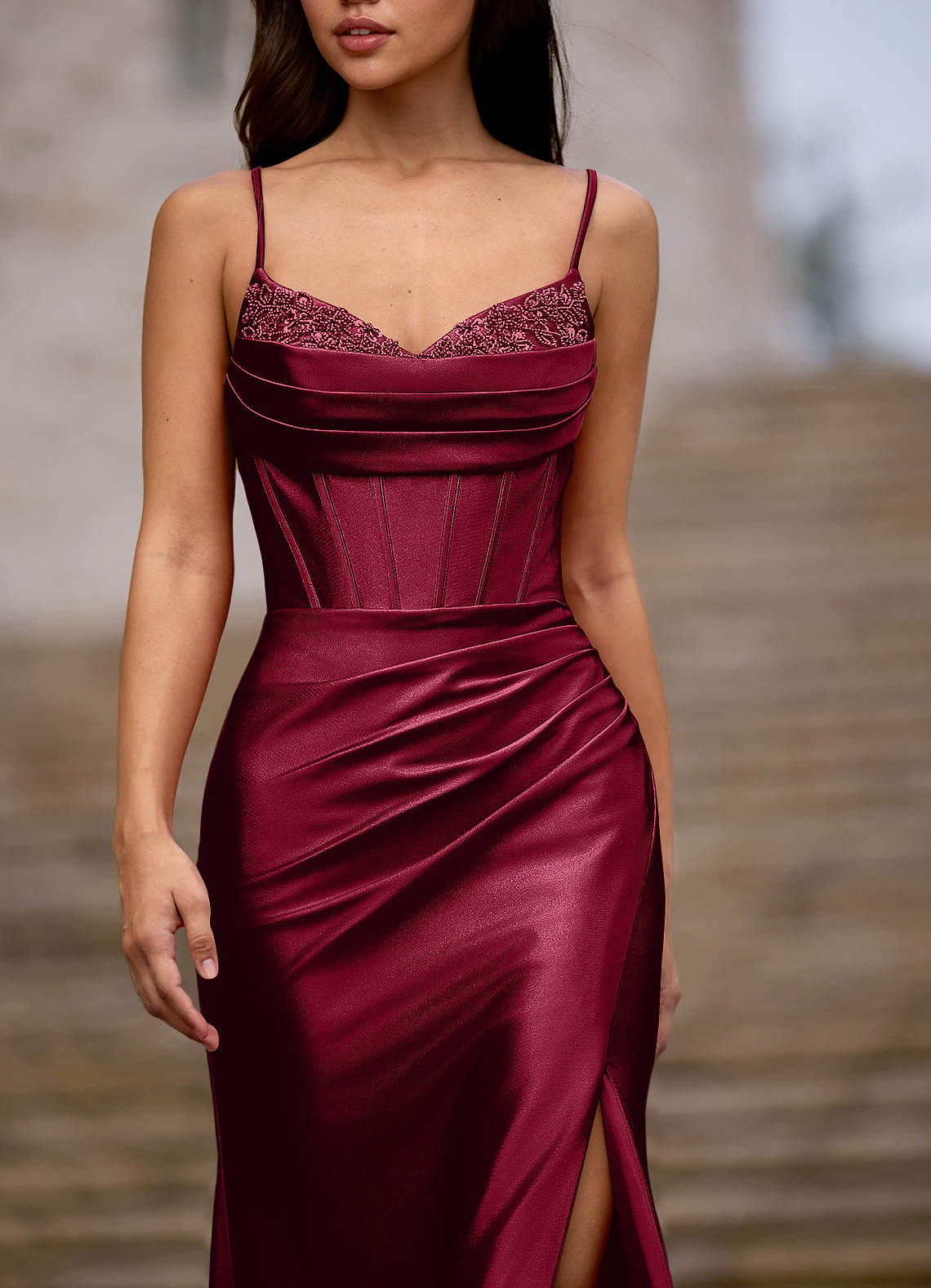 Glow Strapless Corset Slit Stretch Satin Evening Dress in Burgundy