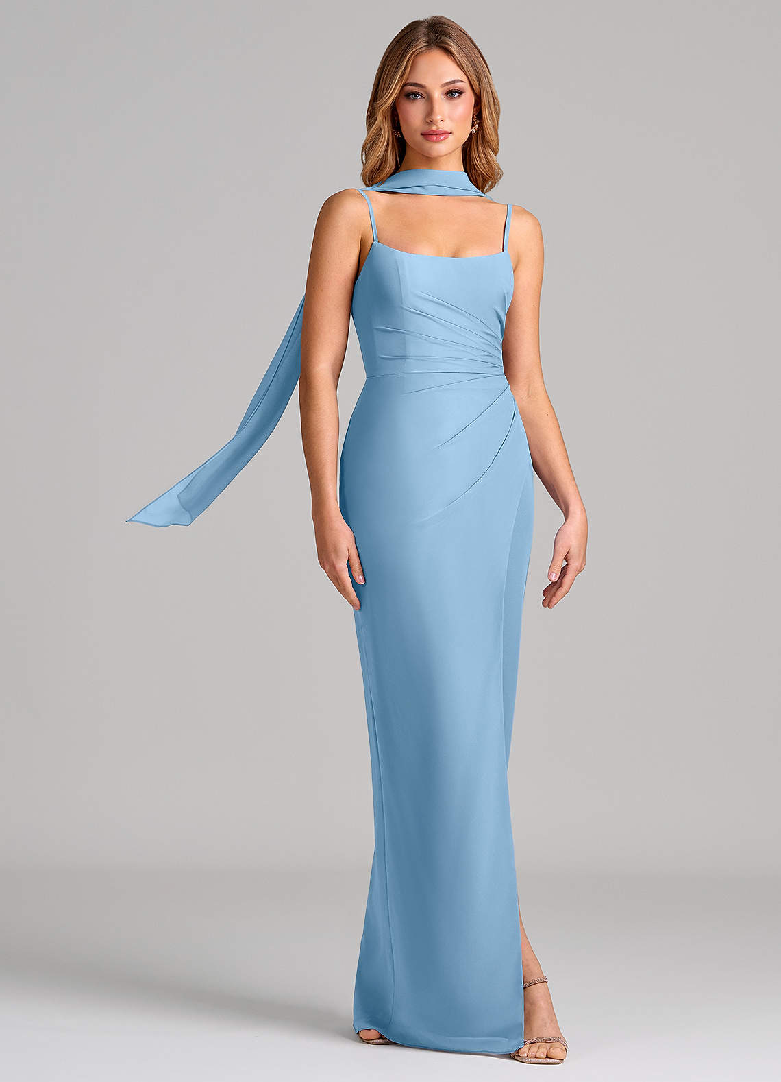 Calandra Sheath Scoop-Neck Chiffon Bridesmaid Dress in Steel Blue