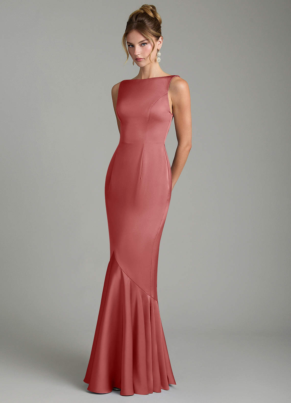 Tamera Mermaid Boat-Neck Stretch Satin and Chiffon Bridesmaid Dress in Antique Rose