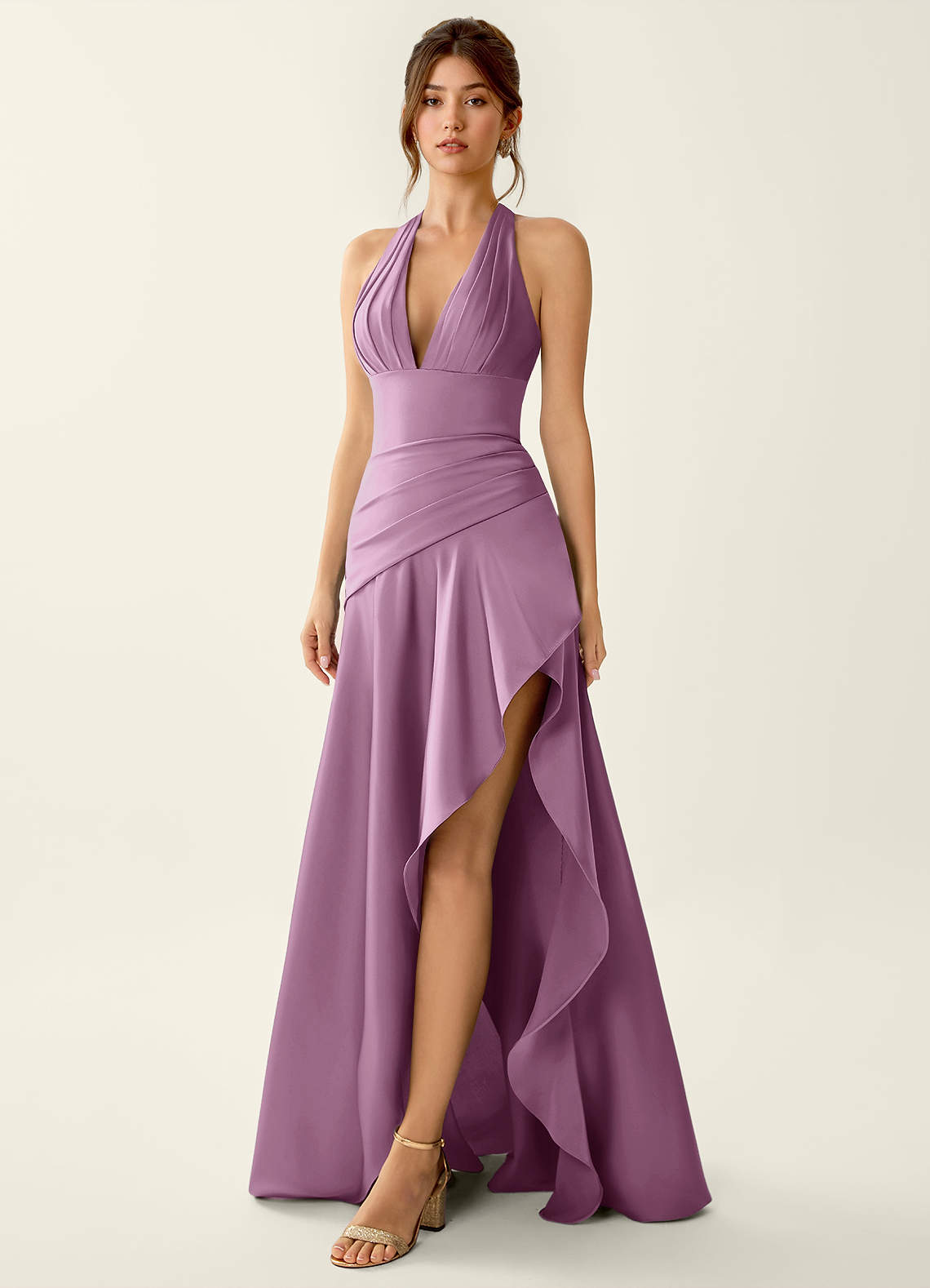 Titania Halter Asymmetric-Ruffle Satin Evening Dress in Pastel Yellow
