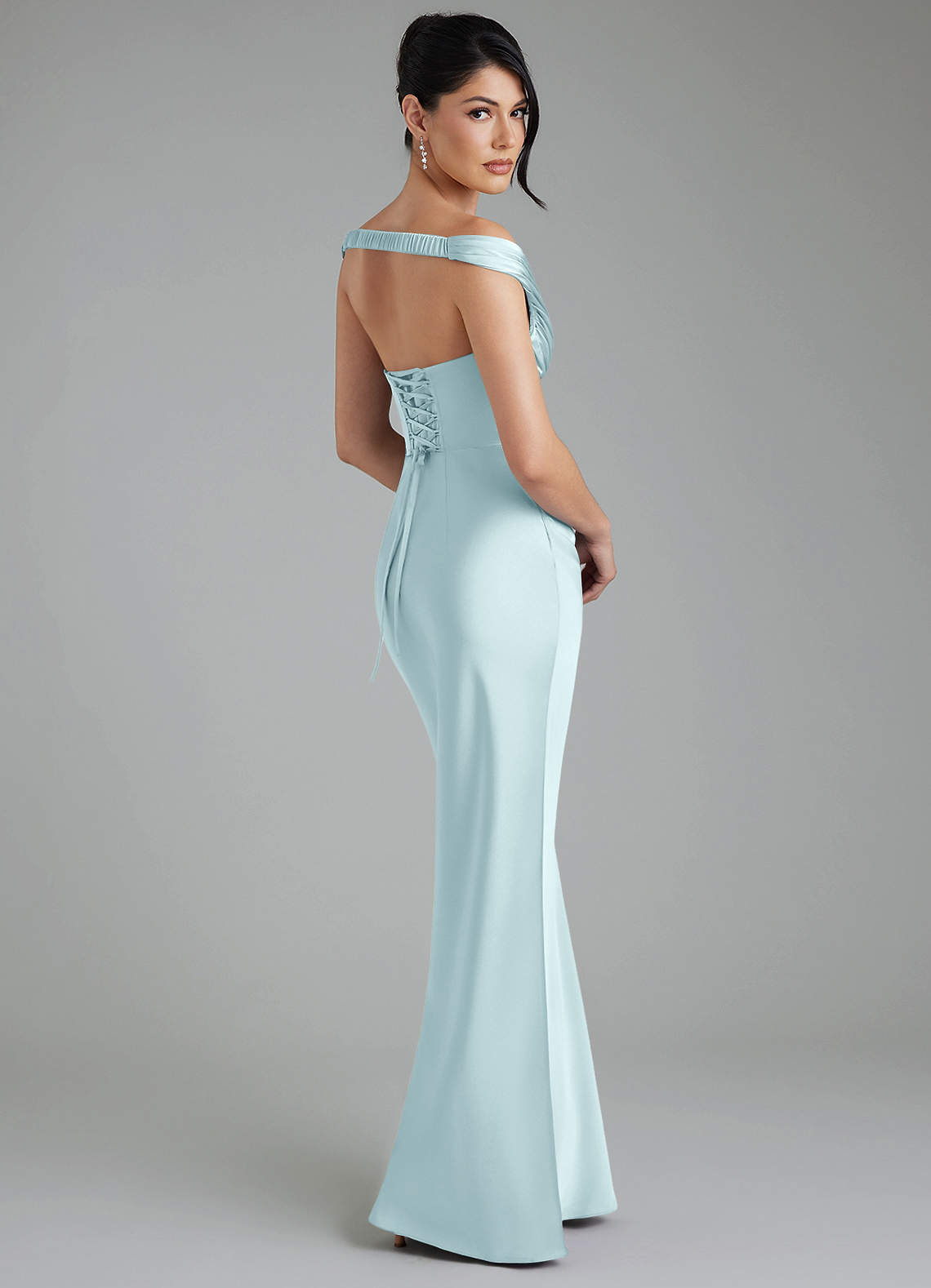 Stella Sheath V-Neck Stretch Satin Bridesmaid Dress in Cloud Blue