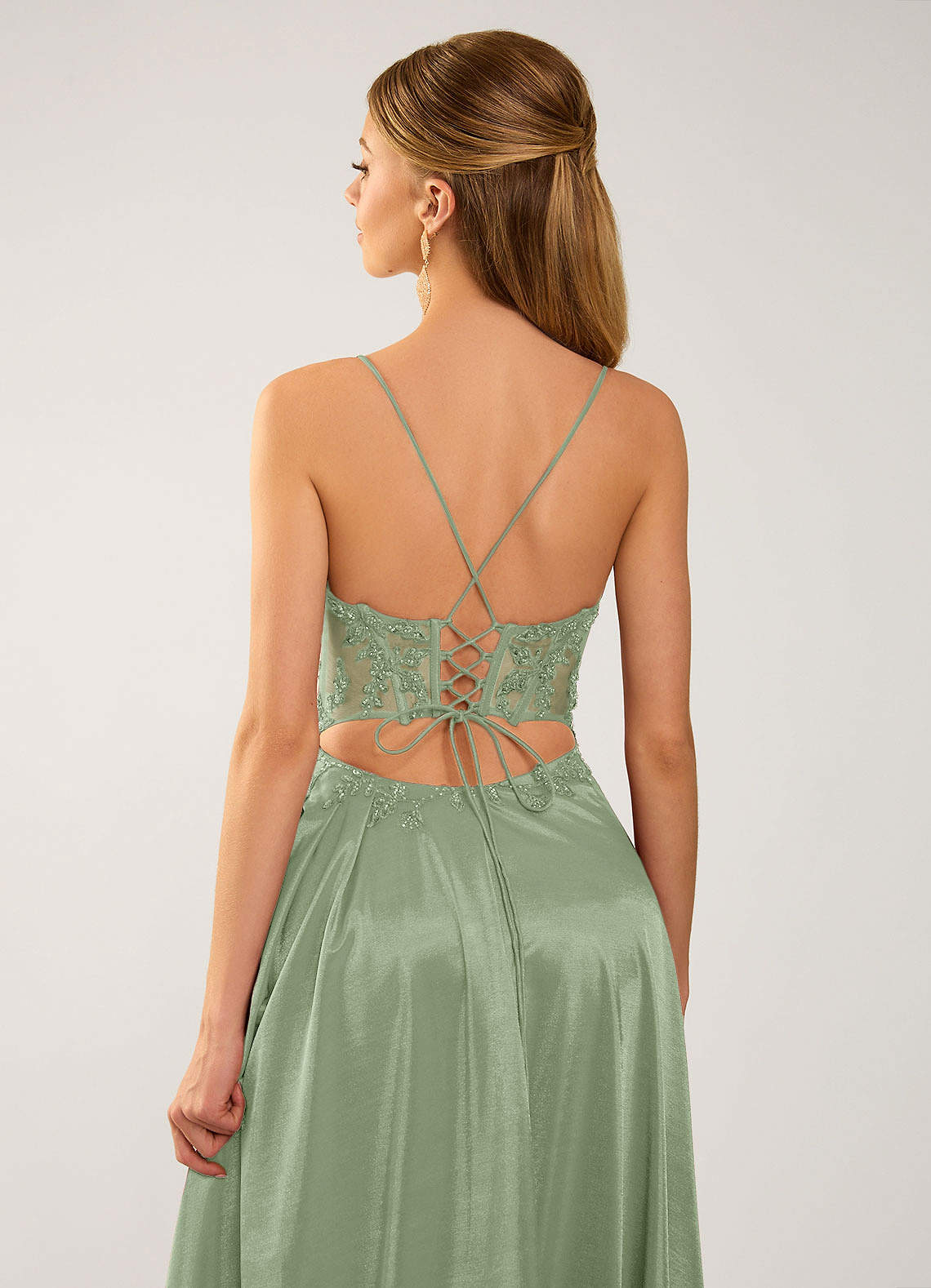 Isoldemark A-Line Sweetheart Satin Evening Dress in Sage