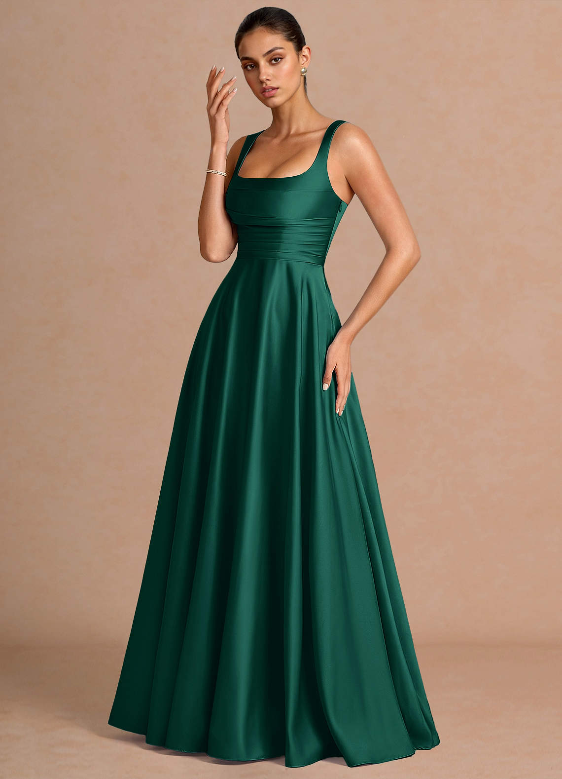 Azaria A-Line Square-Neck Stretch Satin Wedding Guest Dress in Hunter Green