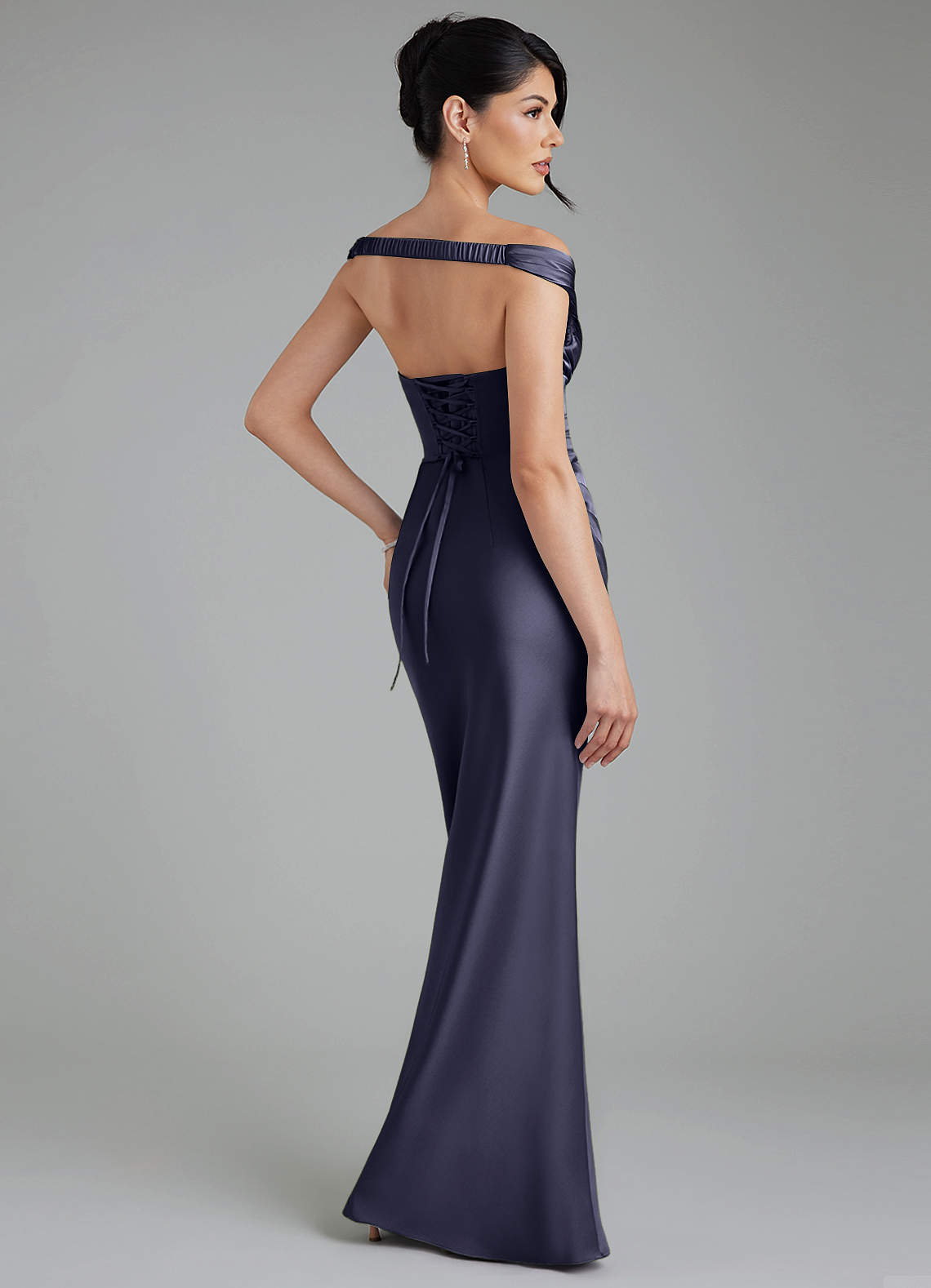 Stella Sheath V-Neck Stretch Satin Bridesmaid Dress in Stormy