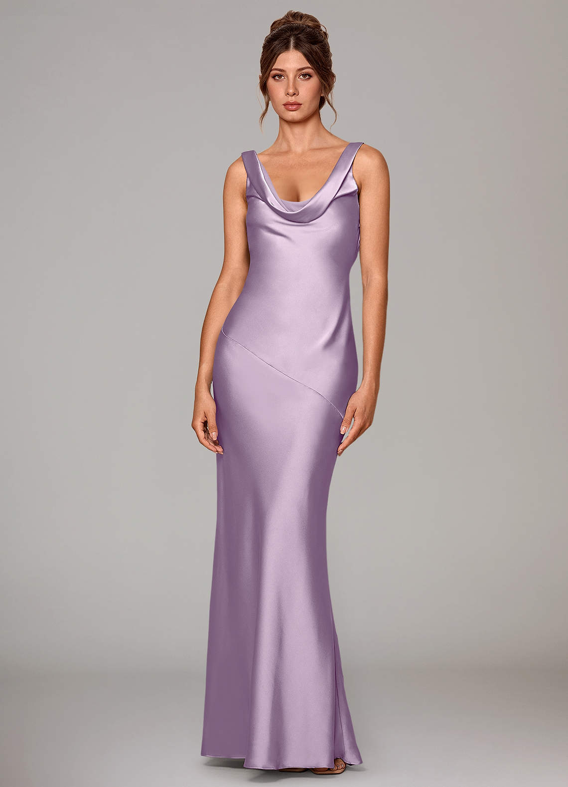 Rylina Mermaid Cowl-Neck Stretch Satin Bridesmaid Dress in Frosted Lilac