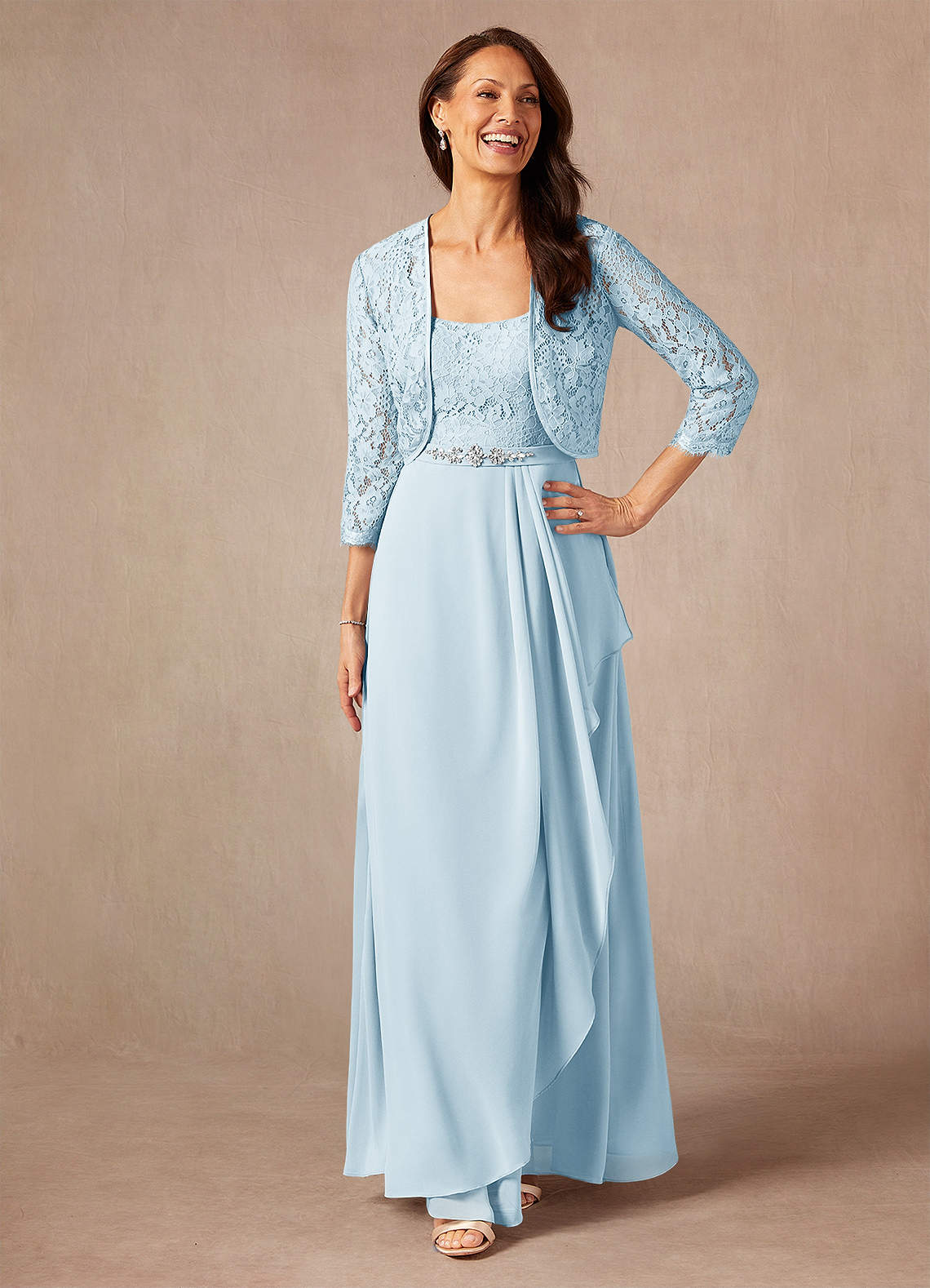 Ainsling A-Line Square-Neck Chiffon and Lace Mother of the Bride Dress in Sky Blue