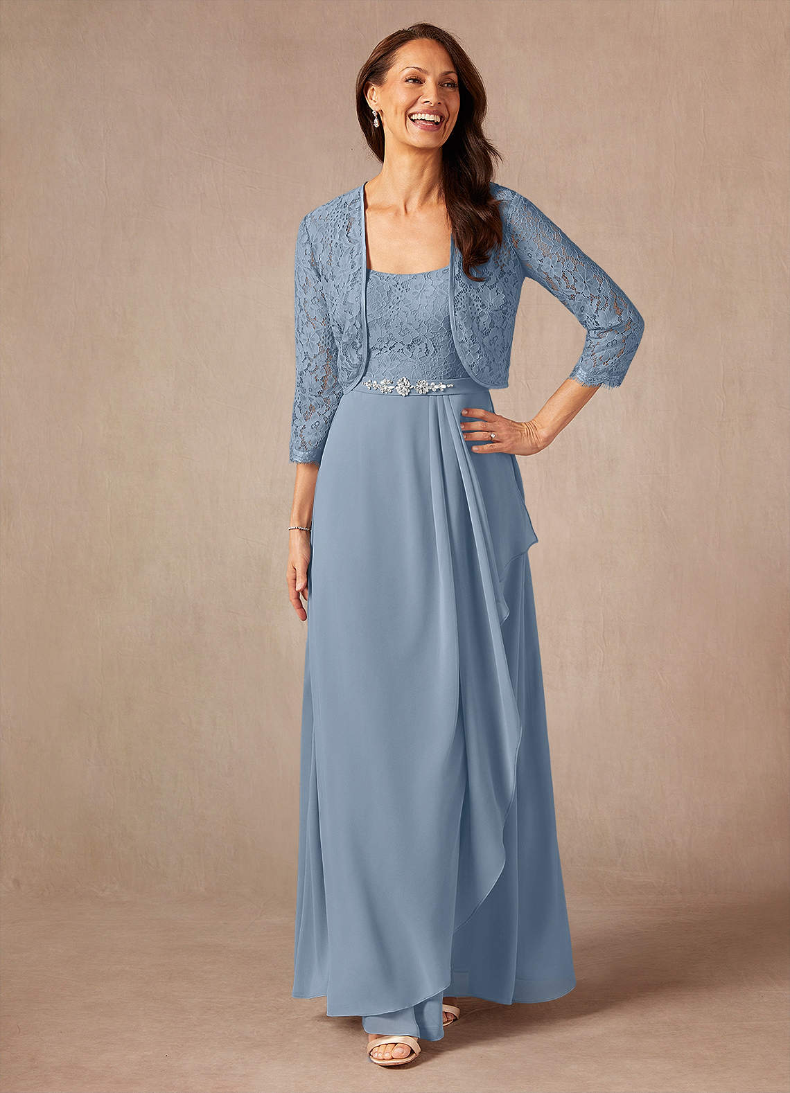 Ainsling A-Line Square-Neck Chiffon and Lace Mother of the Bride Dress in dusty blue