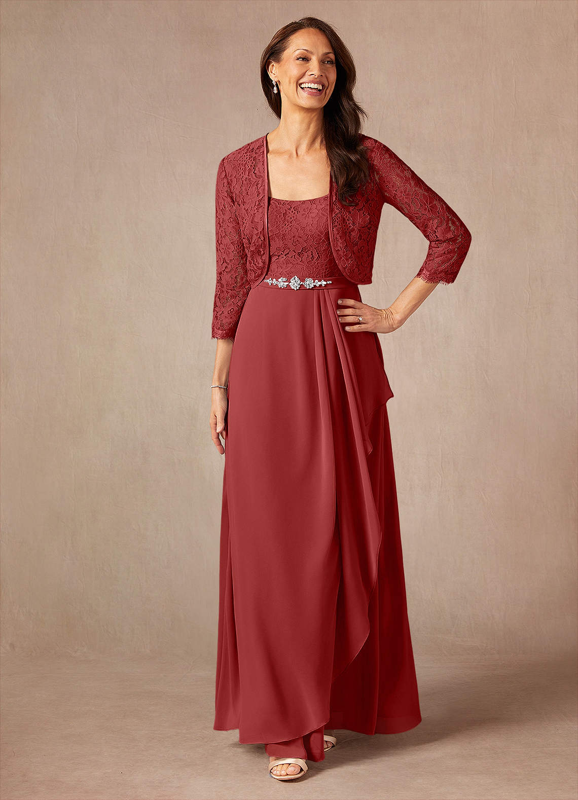 Ainsling A-Line Square-Neck Chiffon and Lace Mother of the Bride Dress in Rust