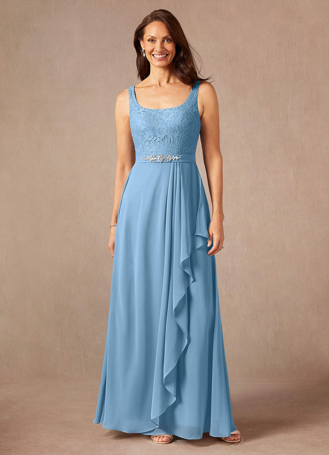 Ainsling A-Line Square-Neck Chiffon and Lace Mother of the Bride Dress in Steel Blue