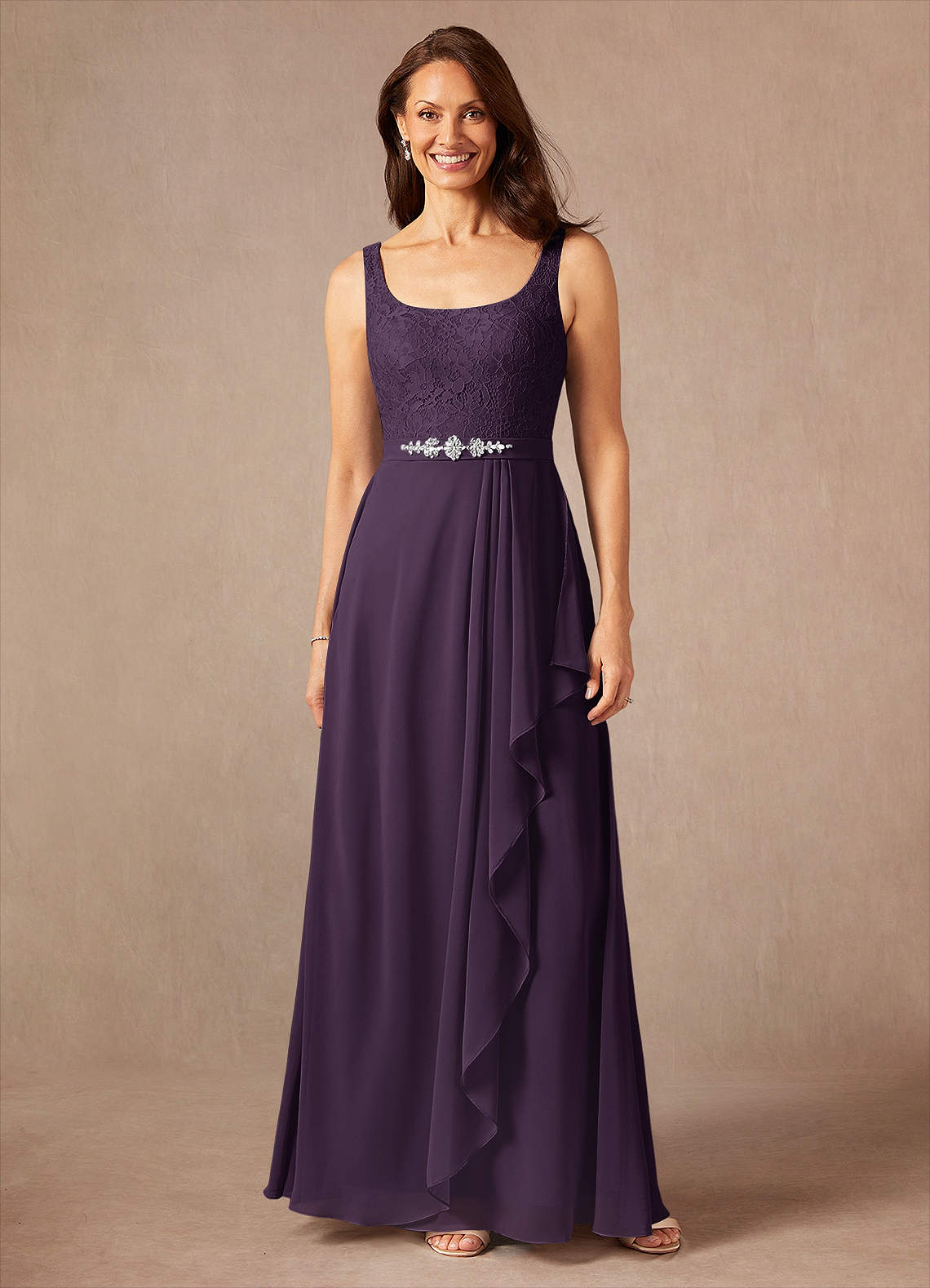 Ainsling A-Line Square-Neck Chiffon and Lace Mother of the Bride Dress in Plum