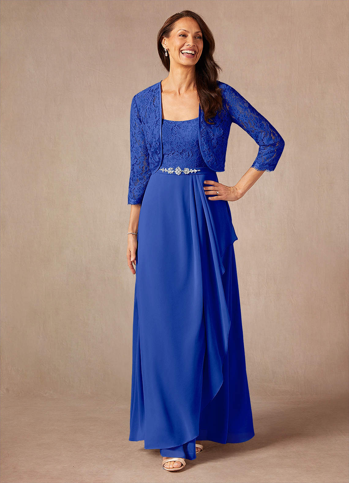 Ainsling A-Line Square-Neck Chiffon and Lace Mother of the Bride Dress in Royal Blue